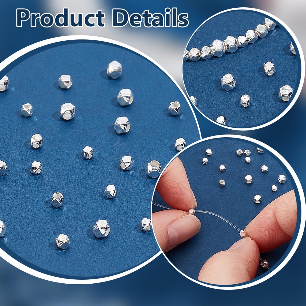 PH PandaHall 3 Sizes 925 Sterling Silver Spacer Beads 30PCS Tiny Metal Faceted Beads Cube Spacers Bead Bracelets Loose Bead for Jewellery Making Necklace Bracelets DIY Craft - Image 4