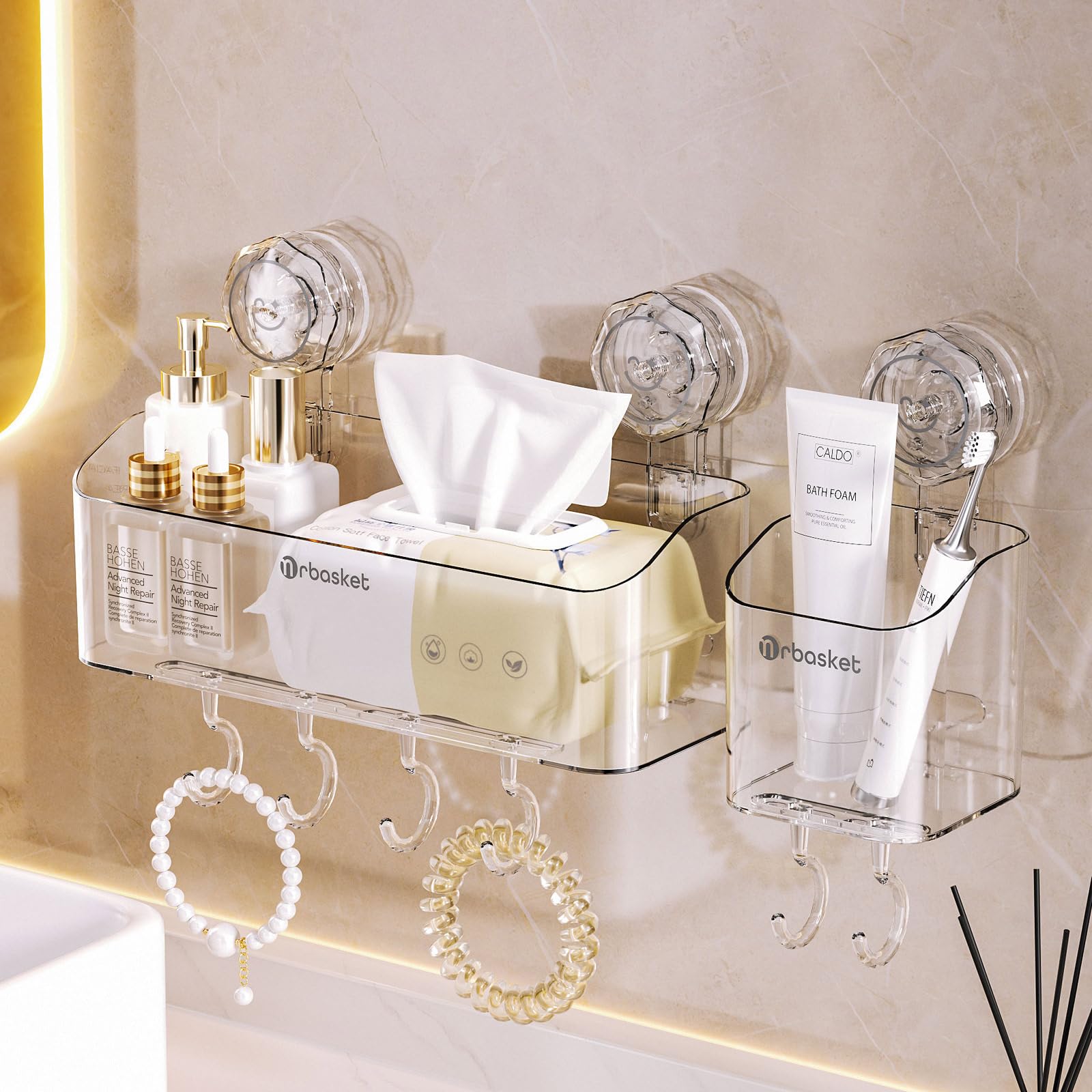 Qicaifacai Transparent Shower Caddy Suction 2-Pack (No-Drilling) Shower Storage Rack With Movable Hooks, Bathroom Shelf For Conditioner, Shampoo, Razors, Soap & Toothbrush