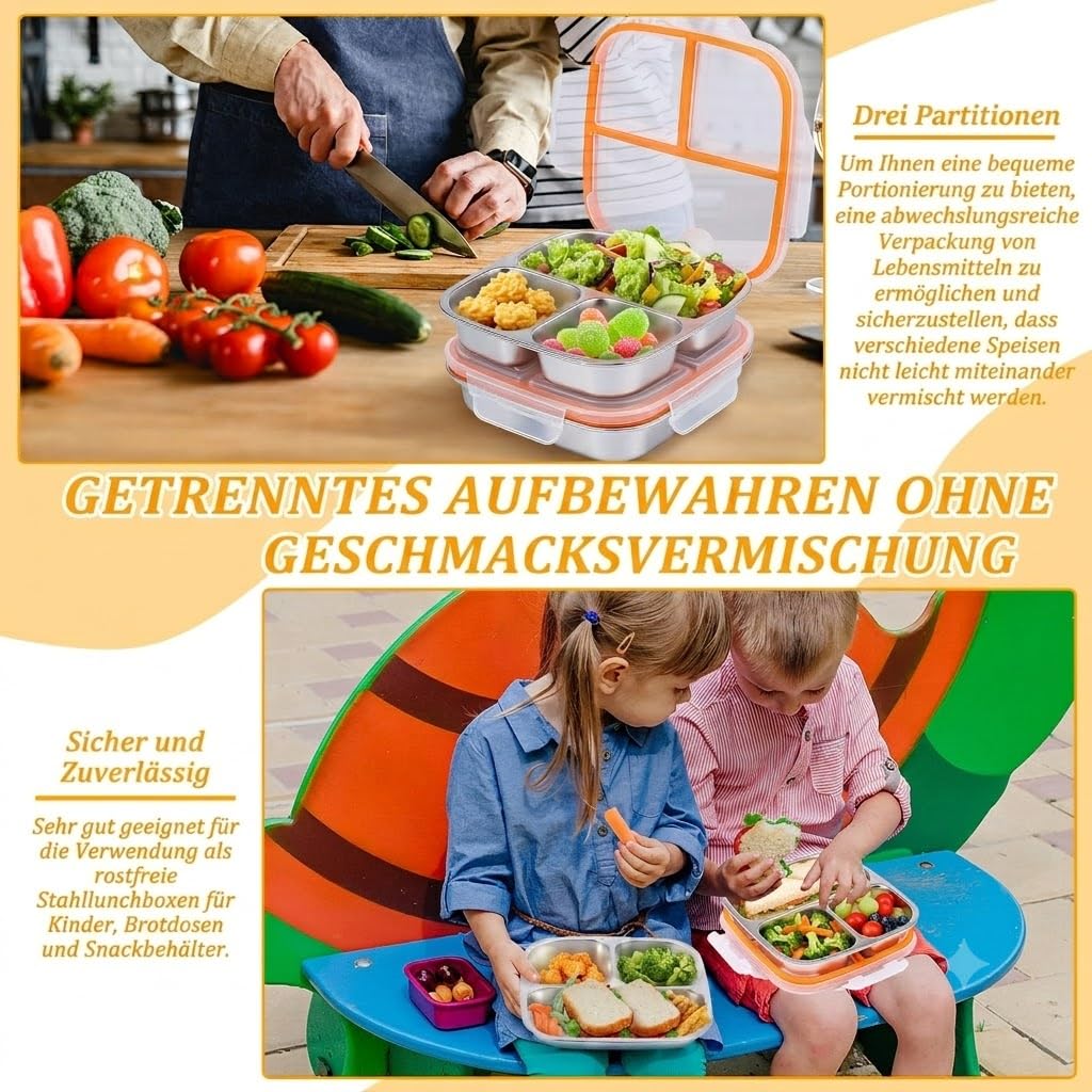 Lot de 4 boîtes à goûter en acier inoxydable. Snackbox étanche 600ml avec couvercle et 3 compartiments, boîte idéale pour école, bureau et pique-nique