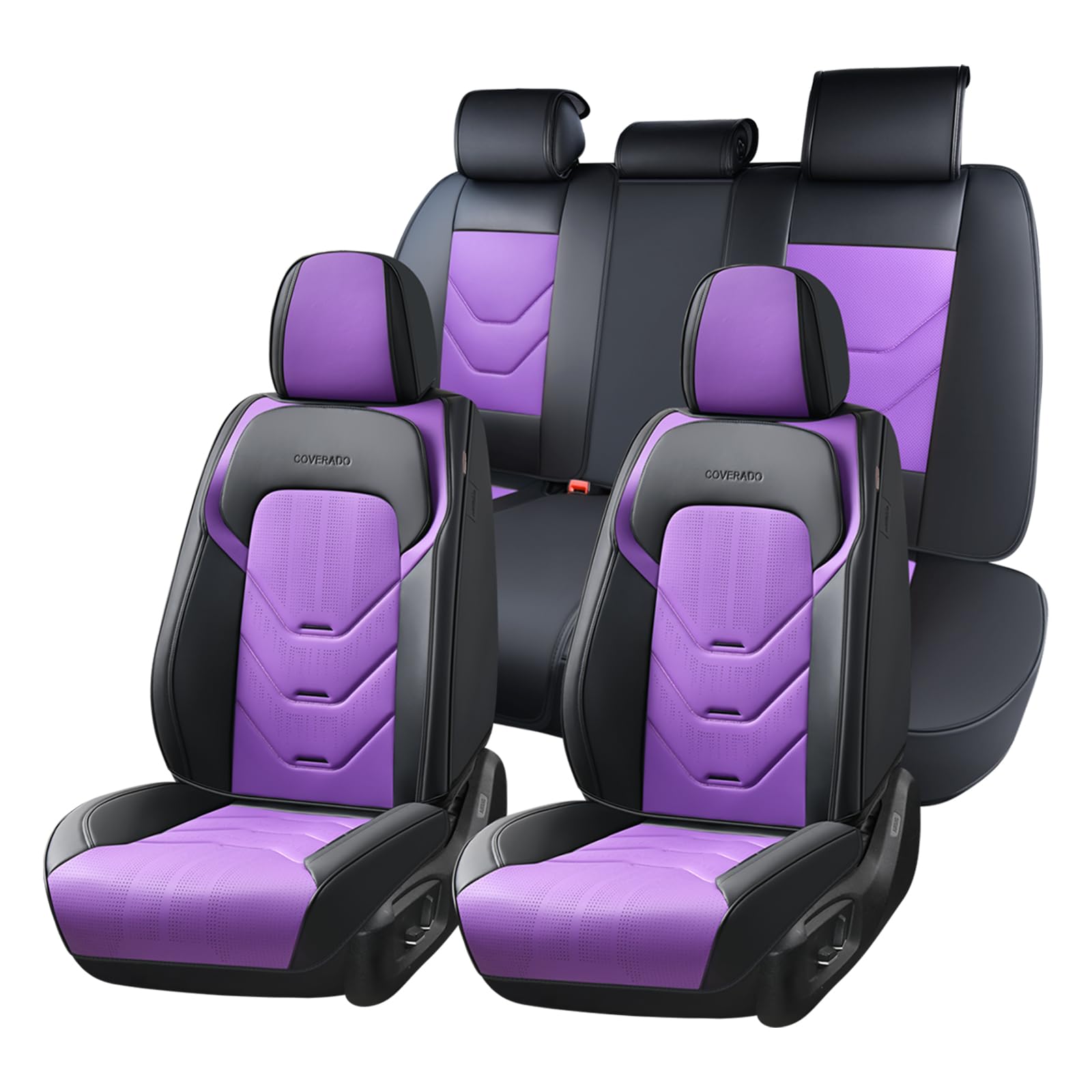 Coverado Car Seat Covers Full Set, Luxury Leather Seat Covers for Front and Back Seat, Black&amp;Purple Seat Cover for Car, Waterproof Car Seat Protector, Car Seat Cushion Universal Fit for Most Cars