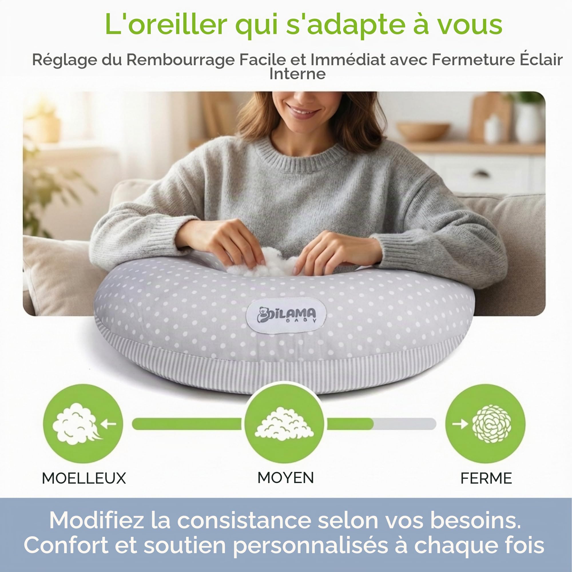 Dilamababy Coussin Allaitement avec 2 Taies d'oreiller 100% Coton Certifié Oeko-Tex Déhoussable Lavable Polyvalent Coussin d'allaitement et Support Bébé