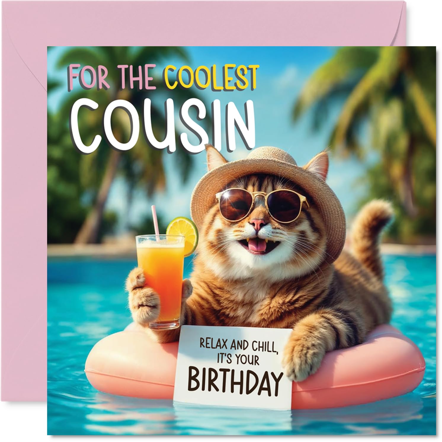 Cousin Birthday Card - Pool Cat - Happy Birthday Card for Cousin from Family Relative, 145mm pool cat Bday Greeting Cards