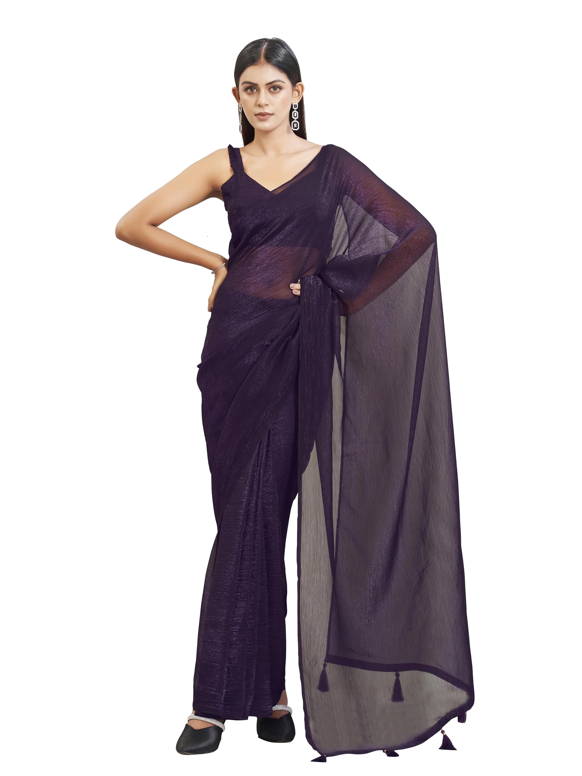 Womanista Women's Ready To Wear Purple Colored Shimmer Saree With Tassles On Pallu(Ti6944_Purple_Onesize)