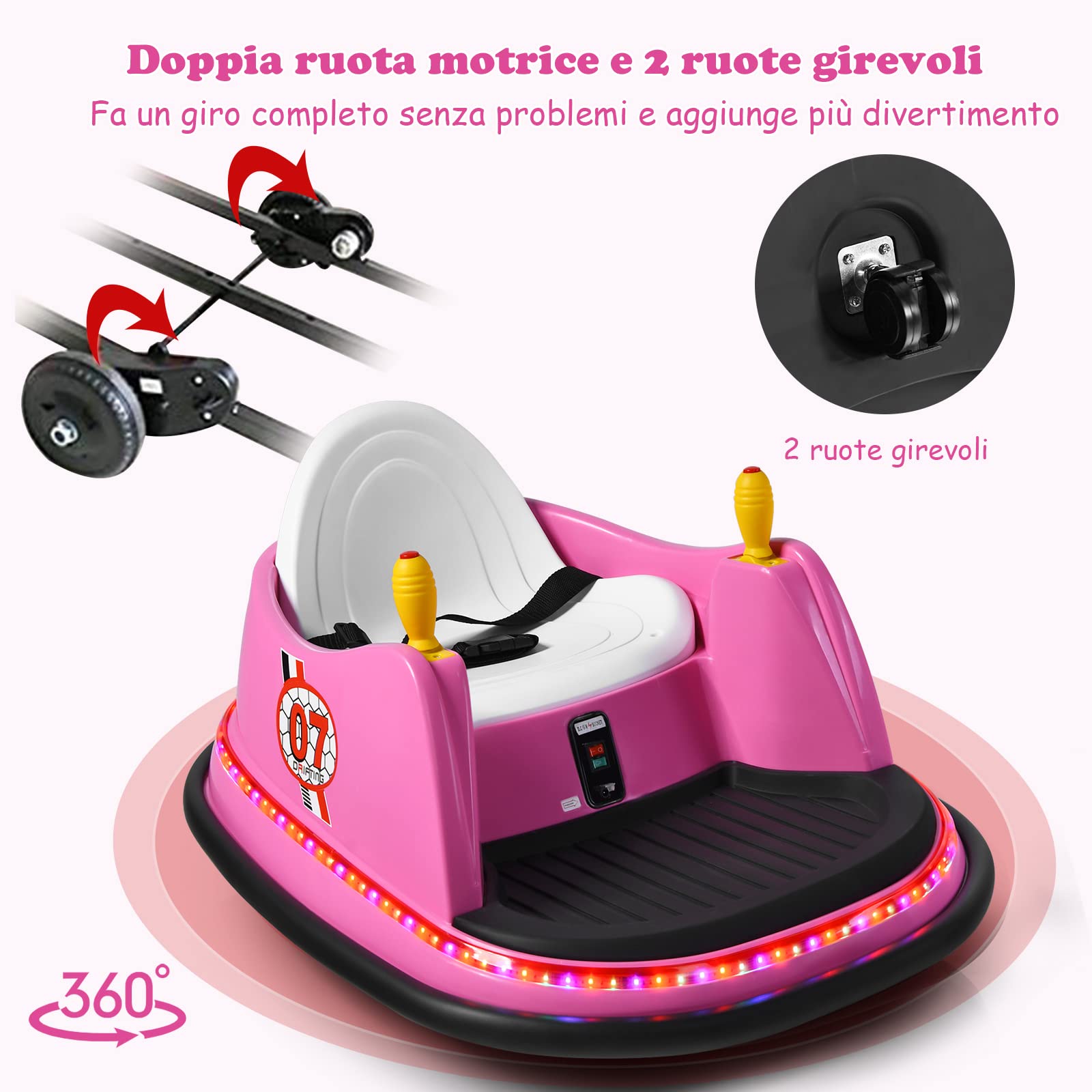 COSTWAY Veicolo Elettrico Macchina Elettrica Design Autoscontro per Bambini, Girevole a 360°, con Luci e Musica, con Telecomando, per Bambini 2-5 Anni (Rosa)