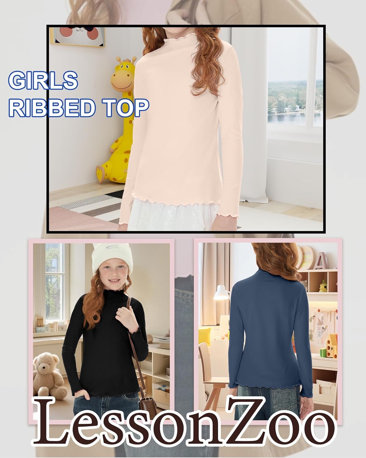 3 Pack Girls Lettuce Trim Mock Neck Cotton Long Sleeve Shirts, 5-14 Years Ribbed Slim Tops Casual Layer Basic Tees - Image 6