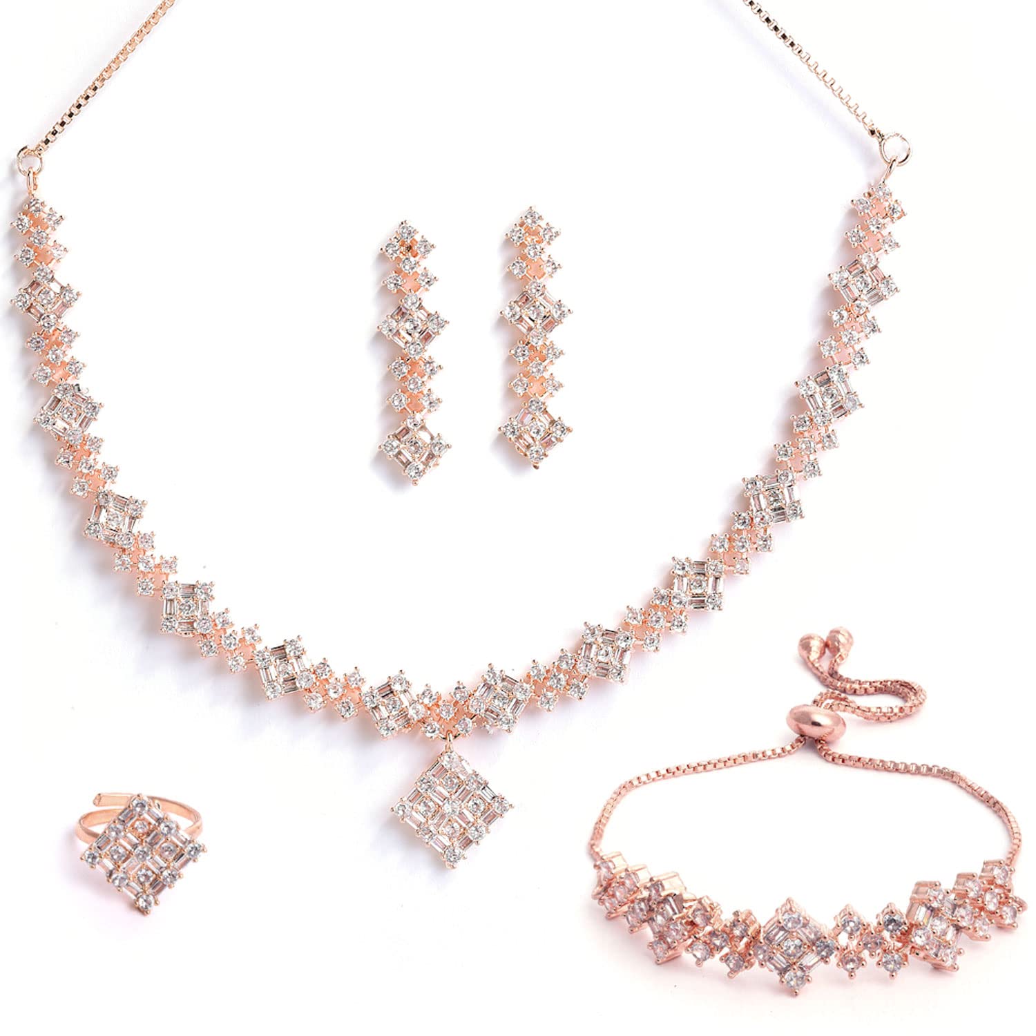 Rose Gold Plated White American Diamond Studded Square Shaped Necklace, Earring & Bracelet With Ring Jewellery Set For Women & Girl-image-25