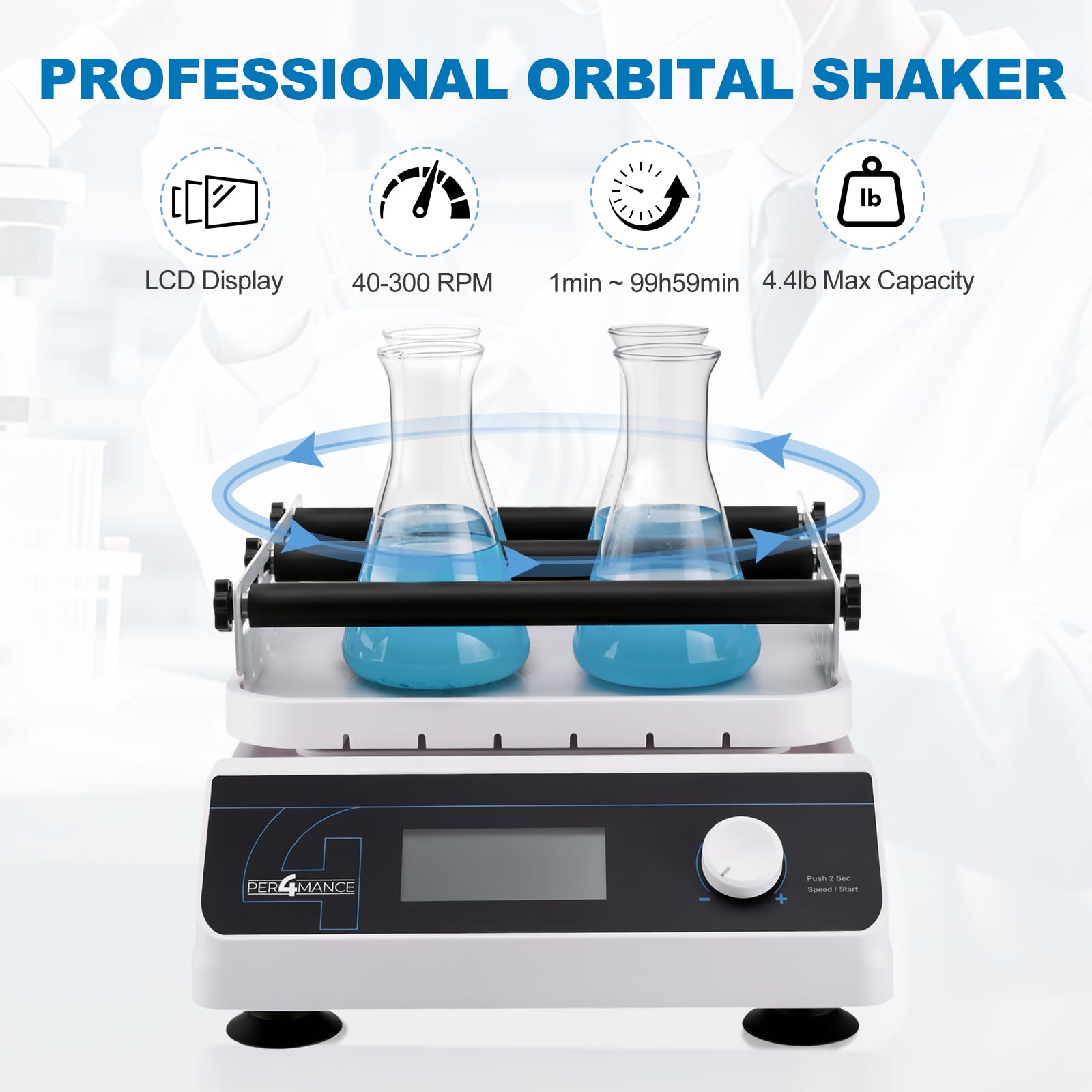 PER4MANCE Agitatore orbitale con ampiezza di 20 mm, velocità regolabile 40-300 giri/min, capacità 2 kg, display LCD, timer (1 min-23 h59 min) e modalità continua per laboratorio
