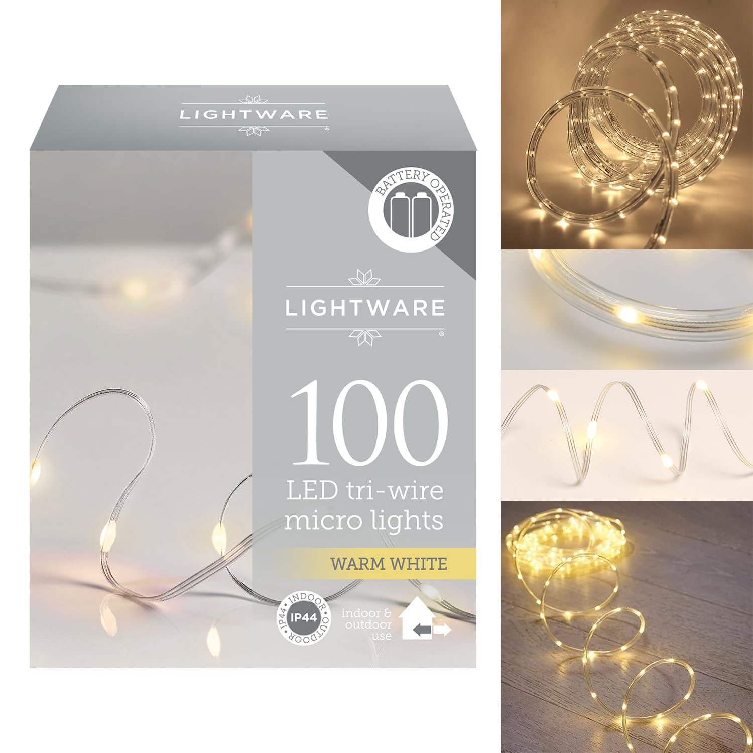Daniel James 10m Warm White LED String Light – 100 LED Christmas Fairy Lights for Indoor & Outdoors with Clear Cable - Battery Operated LED String Lights for Home & Garden - IP44, 10 Metres