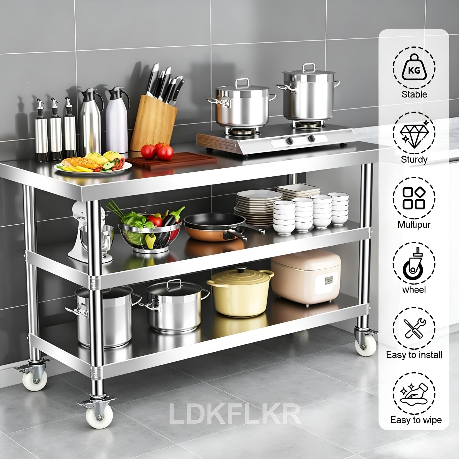 Tavolo da Lavoro in Acciaio Inox con Ruote, postazione di Lavoro Commerciale in Metallo (Triplo ripiano, 150 cm x 70 cm x 81 cm)