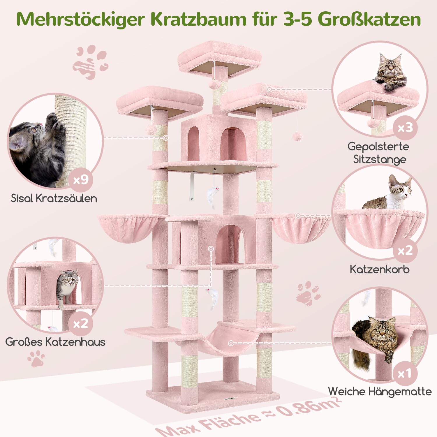 Globlazer F80 drapak różowy XXL z hamakiem 204 cm dla 2/3 kotów | Drzewko dla kota z 3 drążkami do siedzenia, domki dla kotów, łatwy montaż zamek dla kota do salonu, sypialni, studia