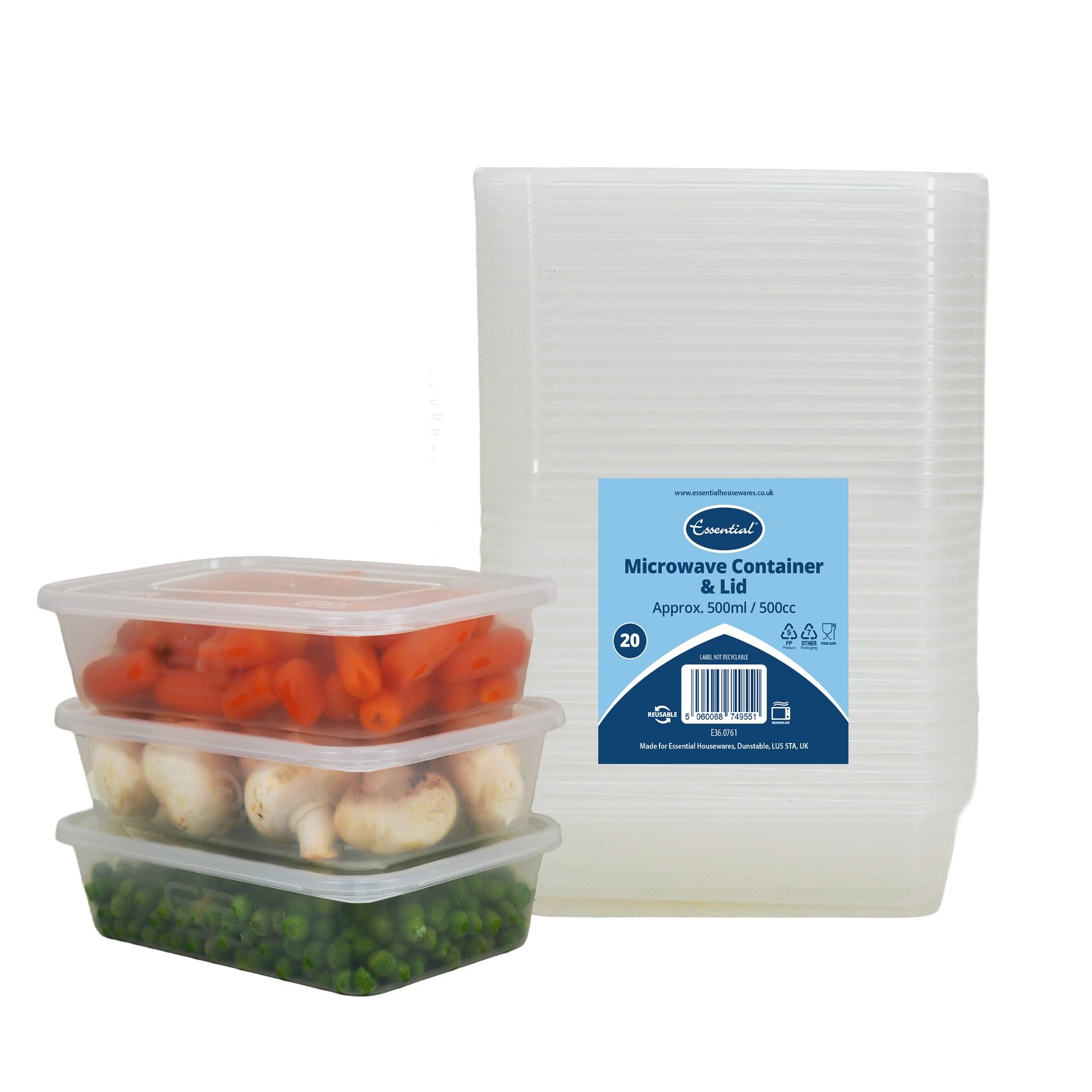 Euro Classic Essential Housewares 20 Plastic Food Containers with Lids - 500ml. BPA-Free Leak-Proof Plastic Lunch Box Meal Prep Containers Reusable. Lunchbox Snack Box Food Storage Containers.