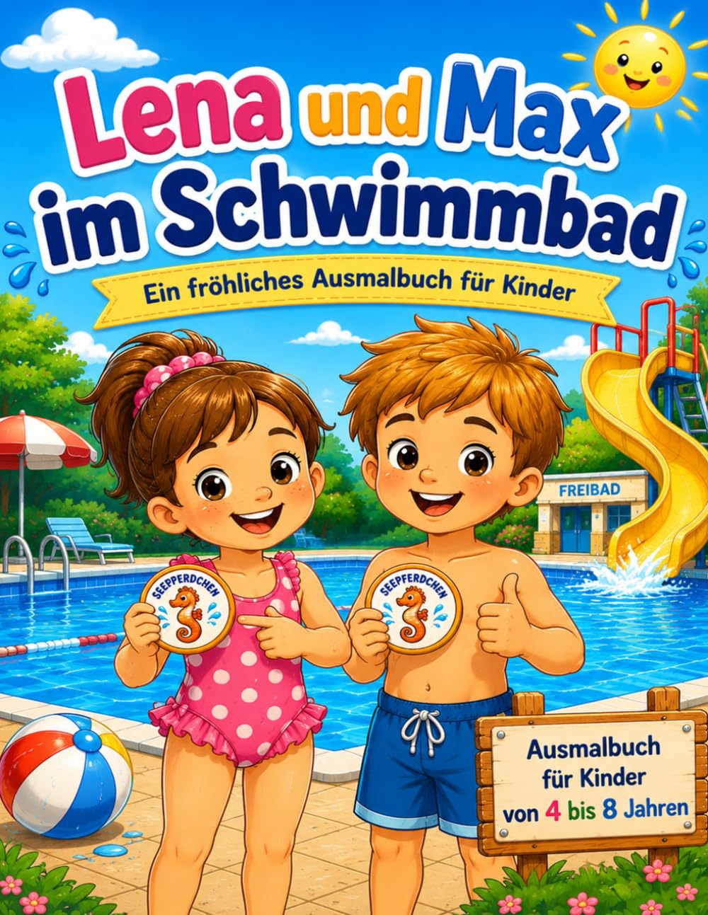 Lena und Max im Schwimmbad: Malbuch für Kinder von 4 bis 8 Jahren – Sommer, Ferien, Schwimmbad und Urlaub