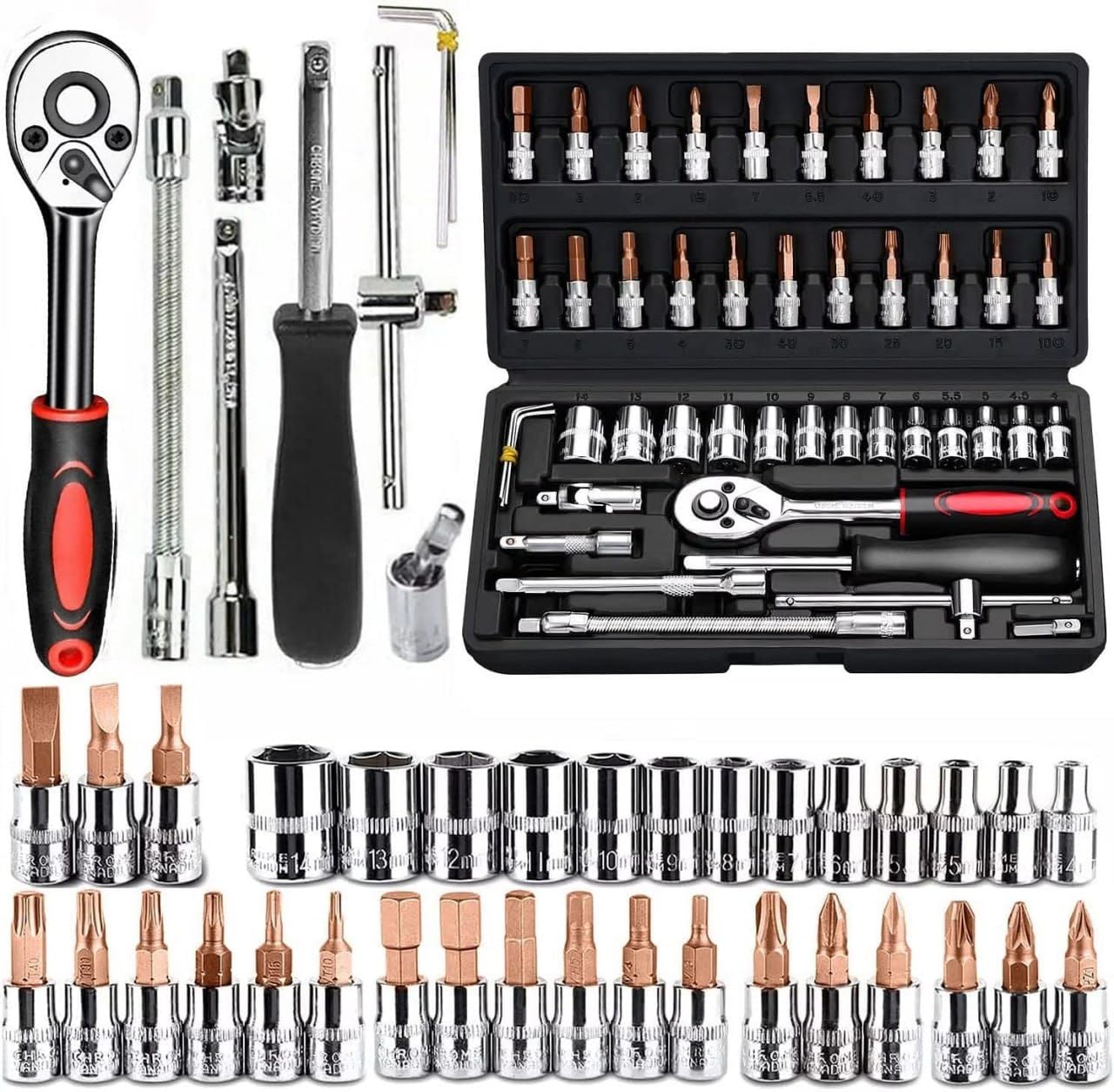 THREE STAR ENTERPRISE 46 in 1 Pcs Tool Kit & Screwdriver set and Socket Set Wrench Set, Stanley Ratchet Spanner Set, Multi Purpose Combination Allen Key Tool Case Precision Tool Set,Bike-Car Tool Kit