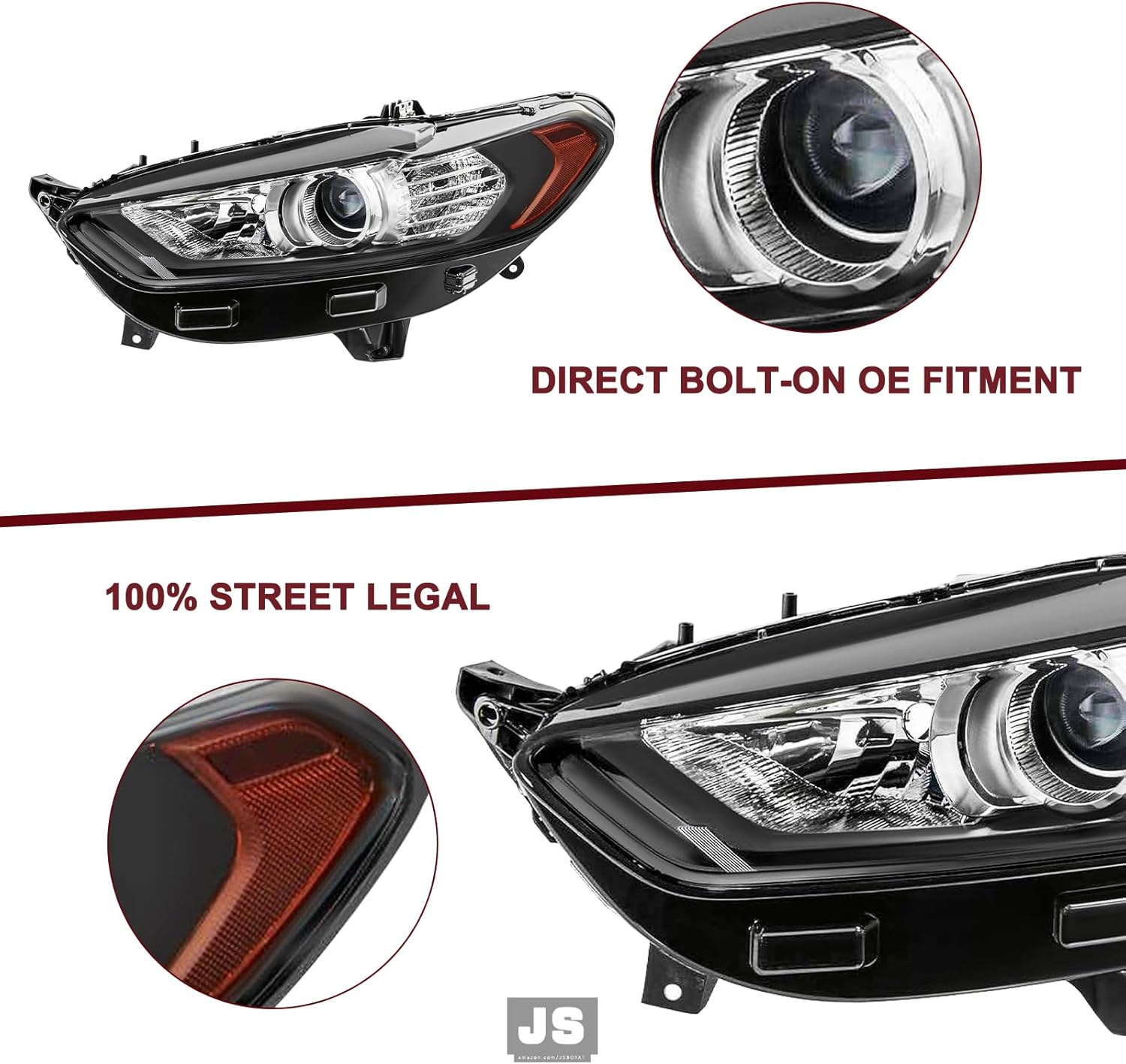 JSBOYAT Projector Headlight Assembly Replacement Fit for 2013 to 2016 Ford Fusion Headlamp (Black Housing with Amber Reflector)