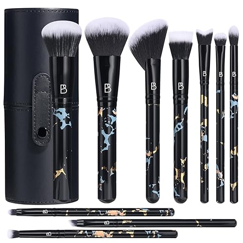 BS-MALL Juego de 10 brochas de maquillaje, sin olor, color negro, base sintética, correctores, sombras de ojos con estuche negro