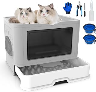 PandaFairy Foldable Cat Litter Box,Extra Large top Entry with lids,Easy to Clean, Smell Proof Anti-Splashing,XL Closed Litter Box(Gray)