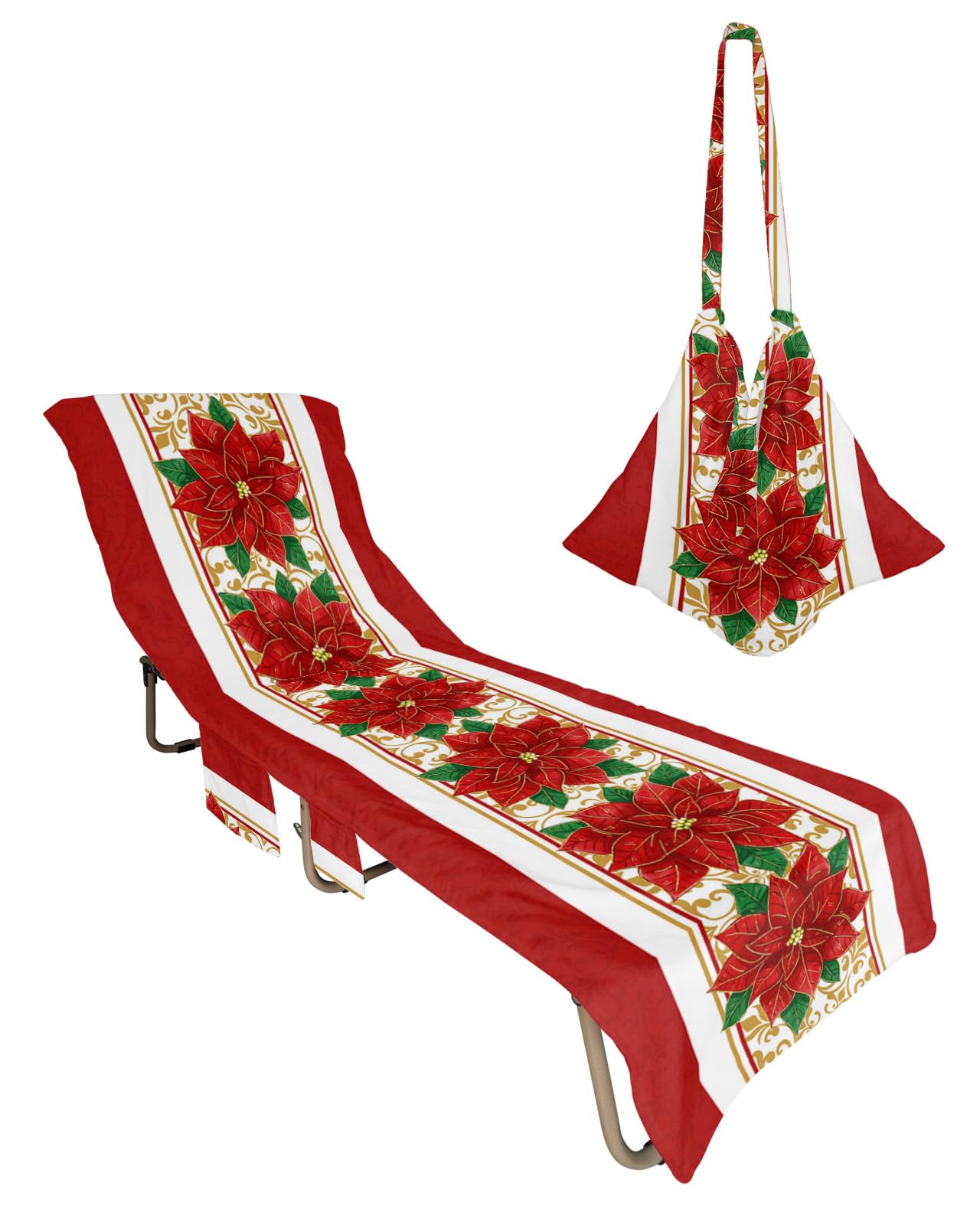 Red Poinsettia Christmas Beach Lounge Chair Towel Cover, Soft Chaise Lounge Towel with Side Pockets Patio Pool Chairs Cover for Beach/Pool Sunbathing 29x85 Xmas Botanical Floral