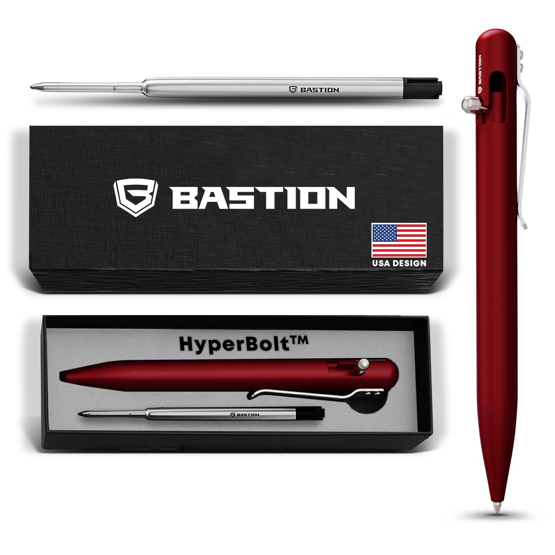 BASTION® Luxury Bolt Action Pen, Lightweight EDC Pen with Fine Tip Ballpoint Pen for Birthday Gift, Travel Pen for School and Work - Red
