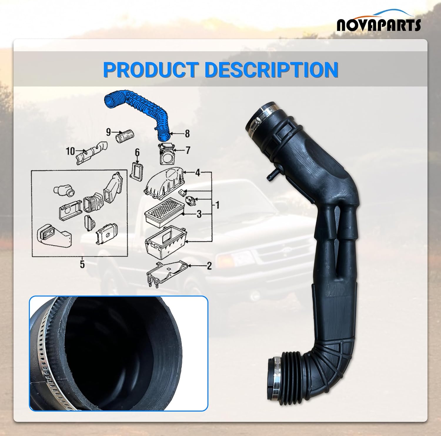 Air Intake Snorkel Inlet Outlet Duct Boot Hose F37Z-9B659-H for 1992 1993 1994 Ford Ranger 3.0L F37Z9B659H