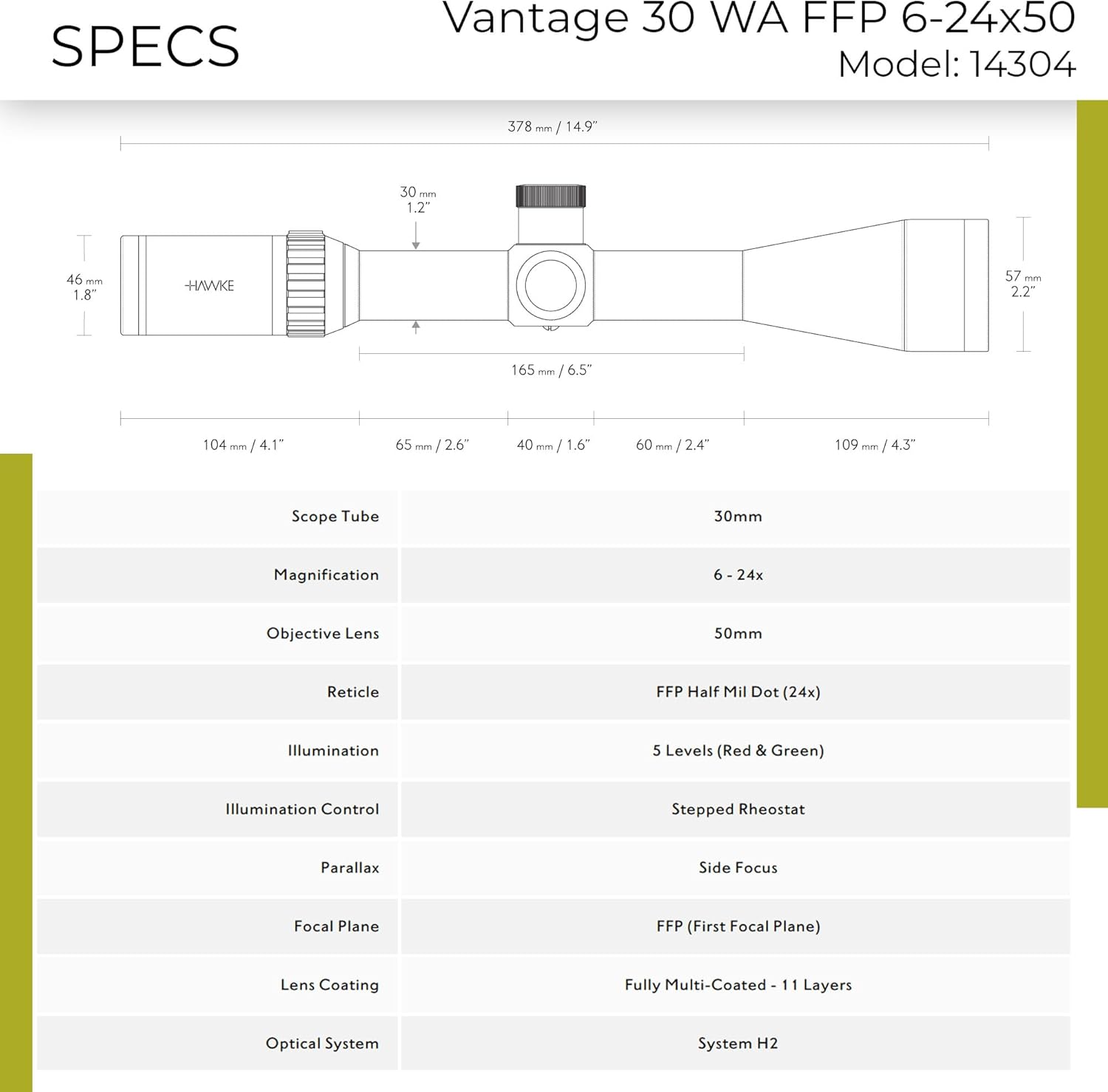 Hawke Vantage 30 WA FFP Riflescope | Half Mil Dot Reticle, 30mm Tube, Exposed Locking Turrets, Fully Multi-Coated Optics, Waterproof Fogproof Hunting Scope
