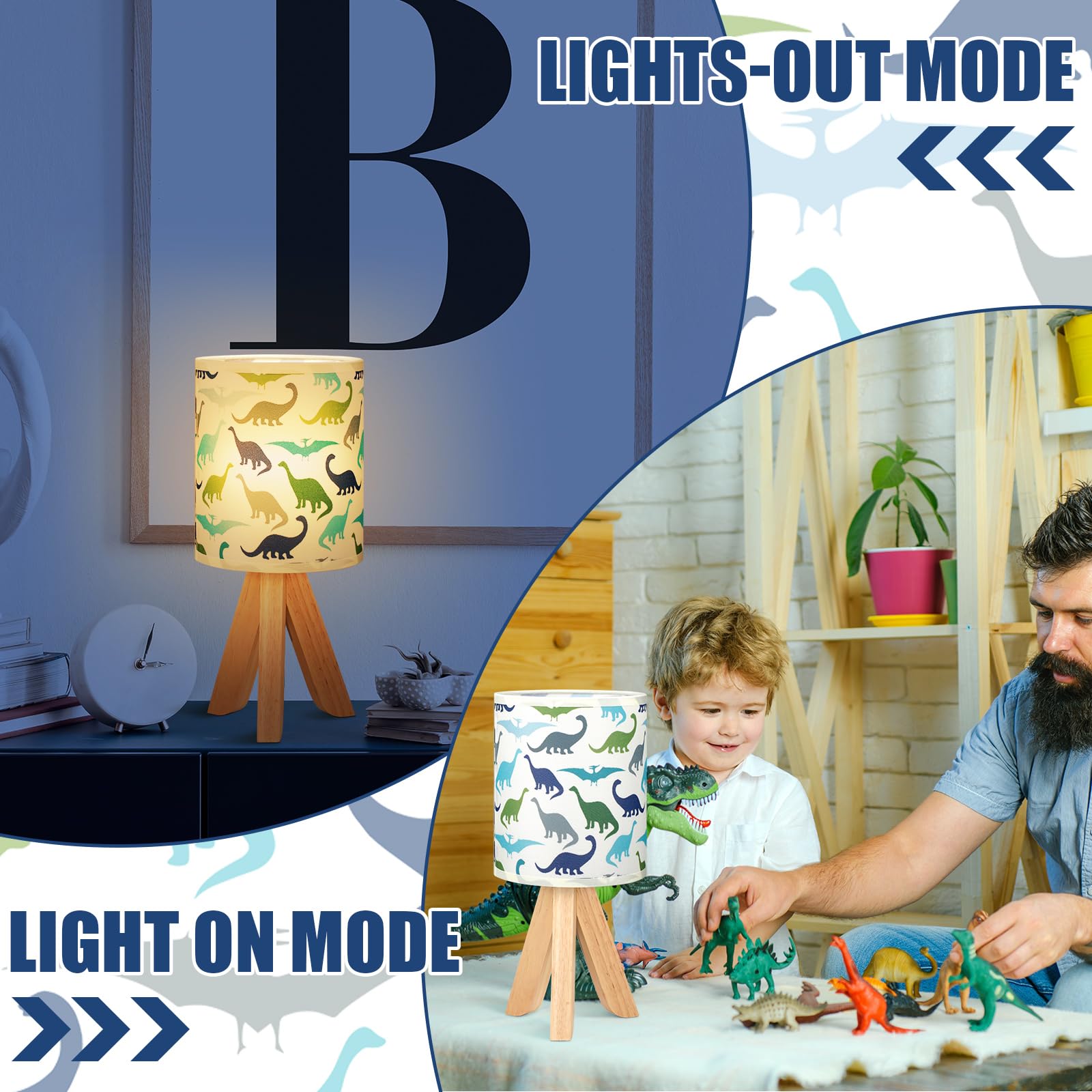 VIHOSE Lámpara de mesa para niños, lámpara de mesita de noche con madera de lino, lámpara de mesa de noche de dibujos animados para habitación de niños y niñas, sala de estar (dinosaurio)