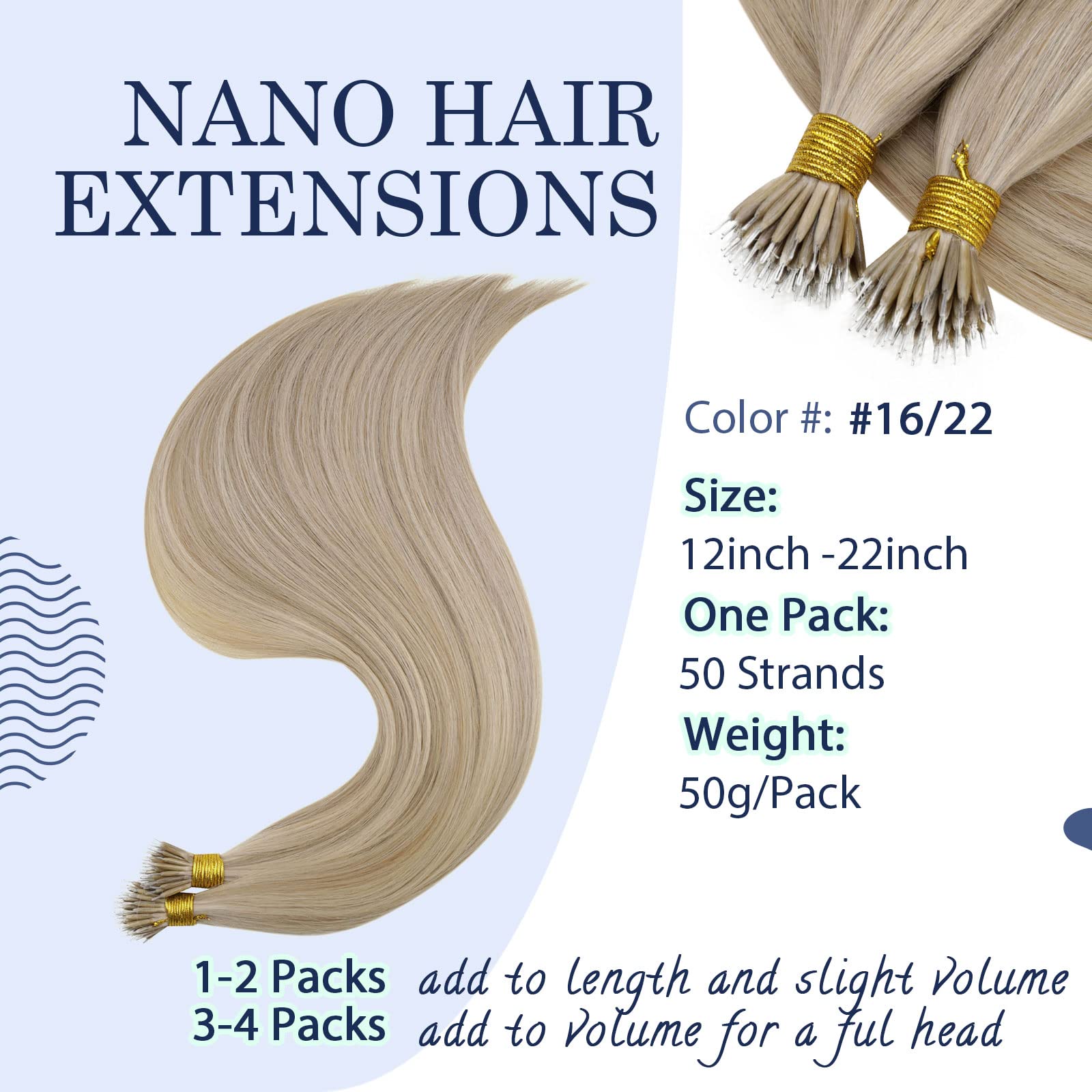 RUNATURE Nano Hair Extensions Real Human Hair Blonde Nano Beads Hair Extensions Highlight Light Brown with Ashy Blonde Invisible Nano Ring Straight Remy Hair 50s 12 Inch #16P22 - Image 3