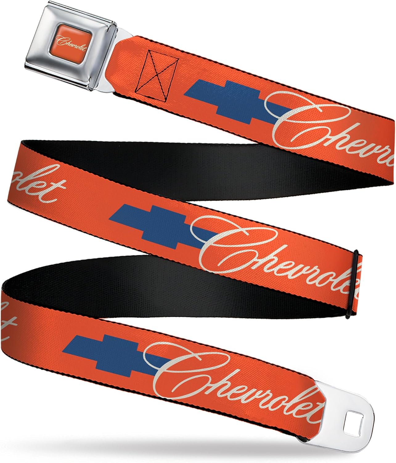 Chevy Belt, Seatbelt Buckle Belt, Chevrolet Script and Bowtie Orange White Blue, Adjustable