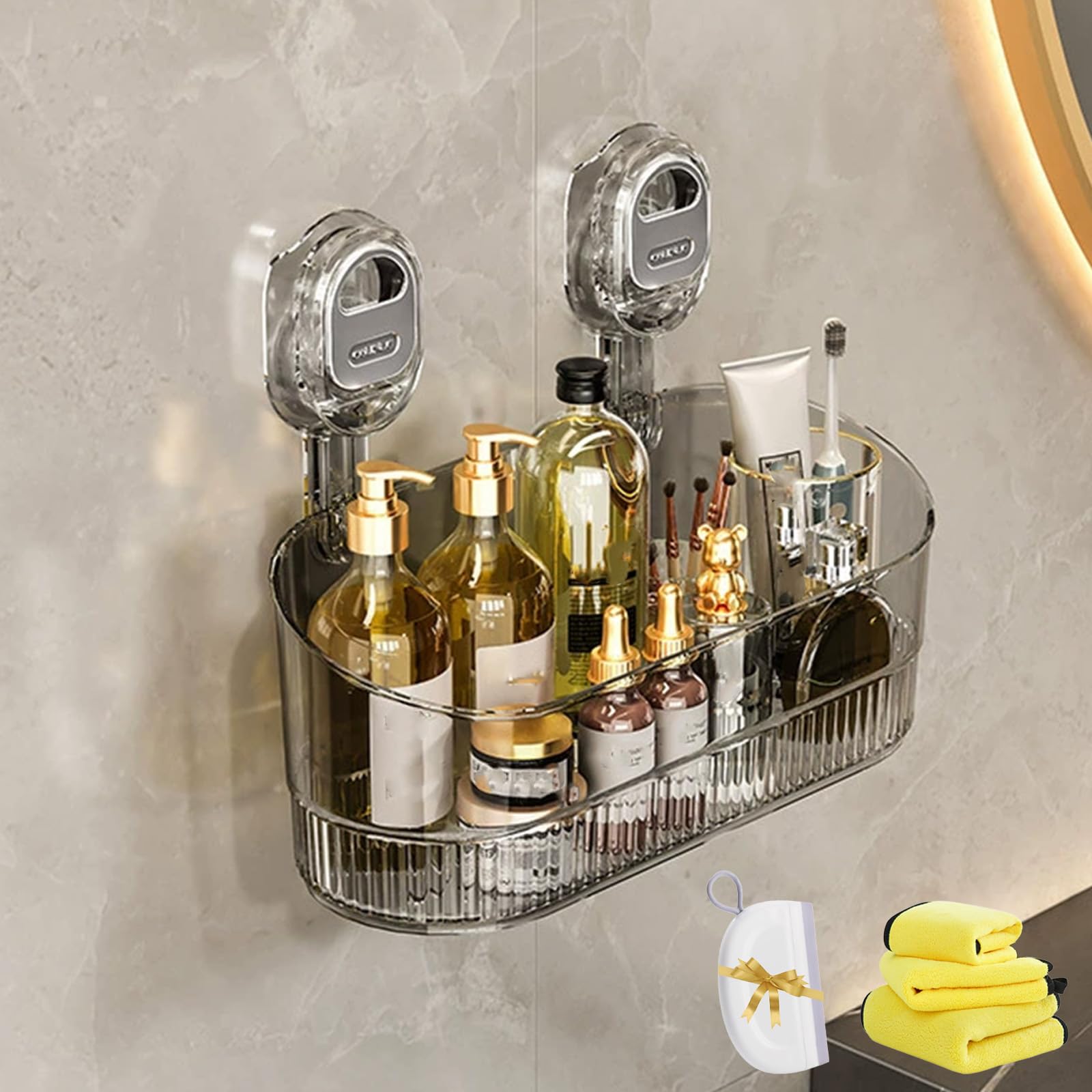 Fjaldjfu Gray No-Drill Bathroom Suction Storage Box – Large Capacity & Strong Load-Bearing, Bathroom Suction Cup Storage Rack, Suction Cup Shower Caddy With Drain Hole, Corner Wall Caddy For Kitchen (Gray)