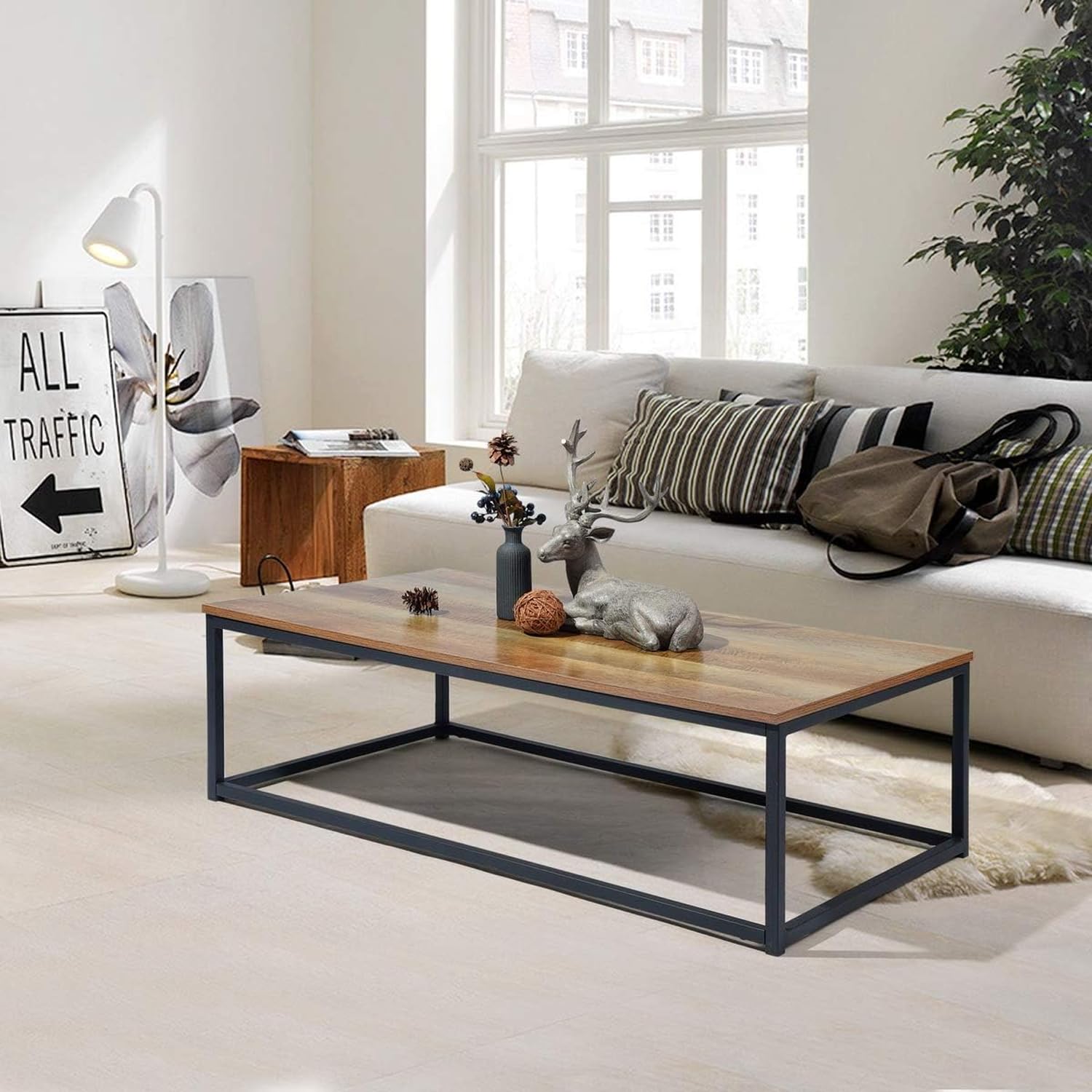 Avilia Elegante Tavolino Moderno in Legno di Acacia e Metallo - Stile Contemporaneo - Tavolino basso - 115x65x32,5 cm, Marrone e Nero