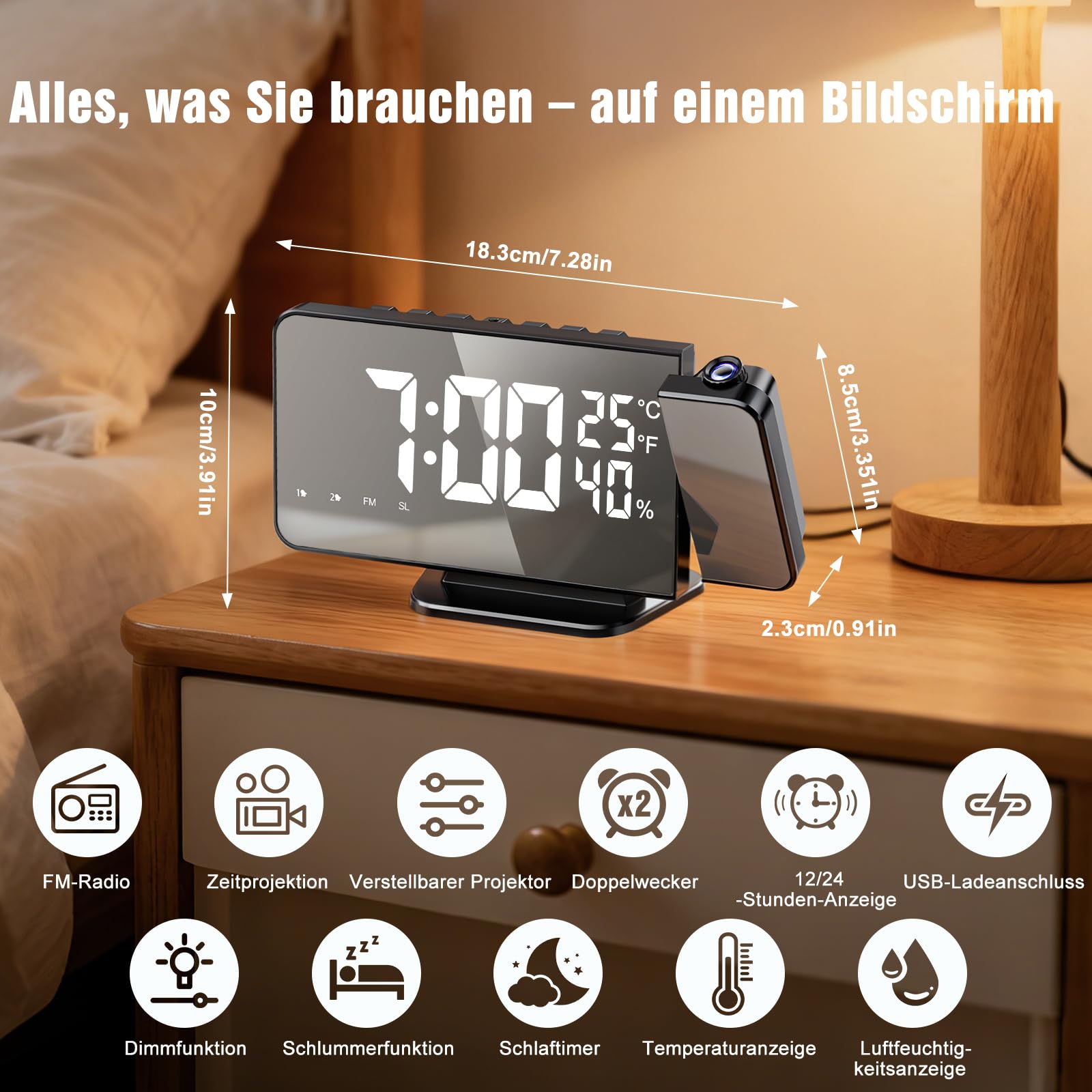 TAKRINK Projektionswecker, Wecker Digital mit 180° Projektion, Reinweiß | 5,5 Zoll LED-Display, 12/24H, FM-Radio, Snooze 5–60 Min., 4 Helligkeiten, USB-Ladeausgang