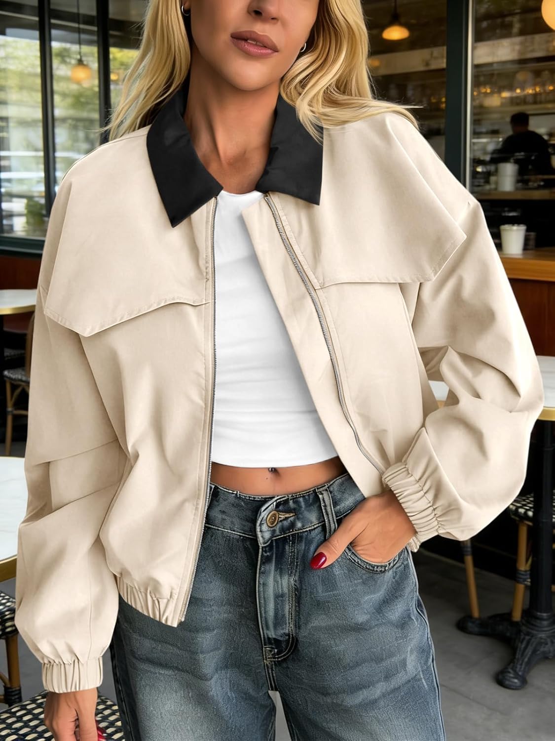 Tankaneo Womens Cropped Barn Jackets Zip Up Lapel Oversized Bomber Jackets Lightweight Trendy Casual Utility Short Coats - Image 2