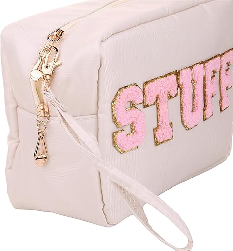 Miniatura 3 de Bolsa de cosméticos de nailon, parches de letras de felpilla, bolsa de viaje impermeable, maquillaje con correa de muñeca para mujer, Beige-STUFF,