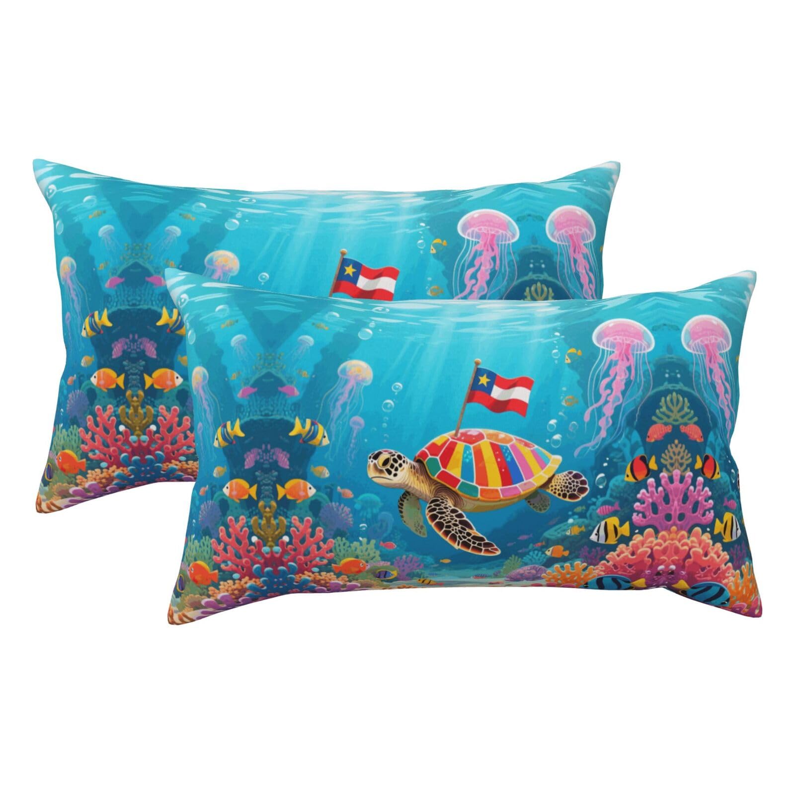 Colorful Sea Turtle and National Flag Luxury King Pillowcases Set of 2, Plush Velvet Feel Pillow Covers with Hidden Zipper, Skin & Hair Friendly, 20x36 Inches Pillow Cases for Sleeping Gift