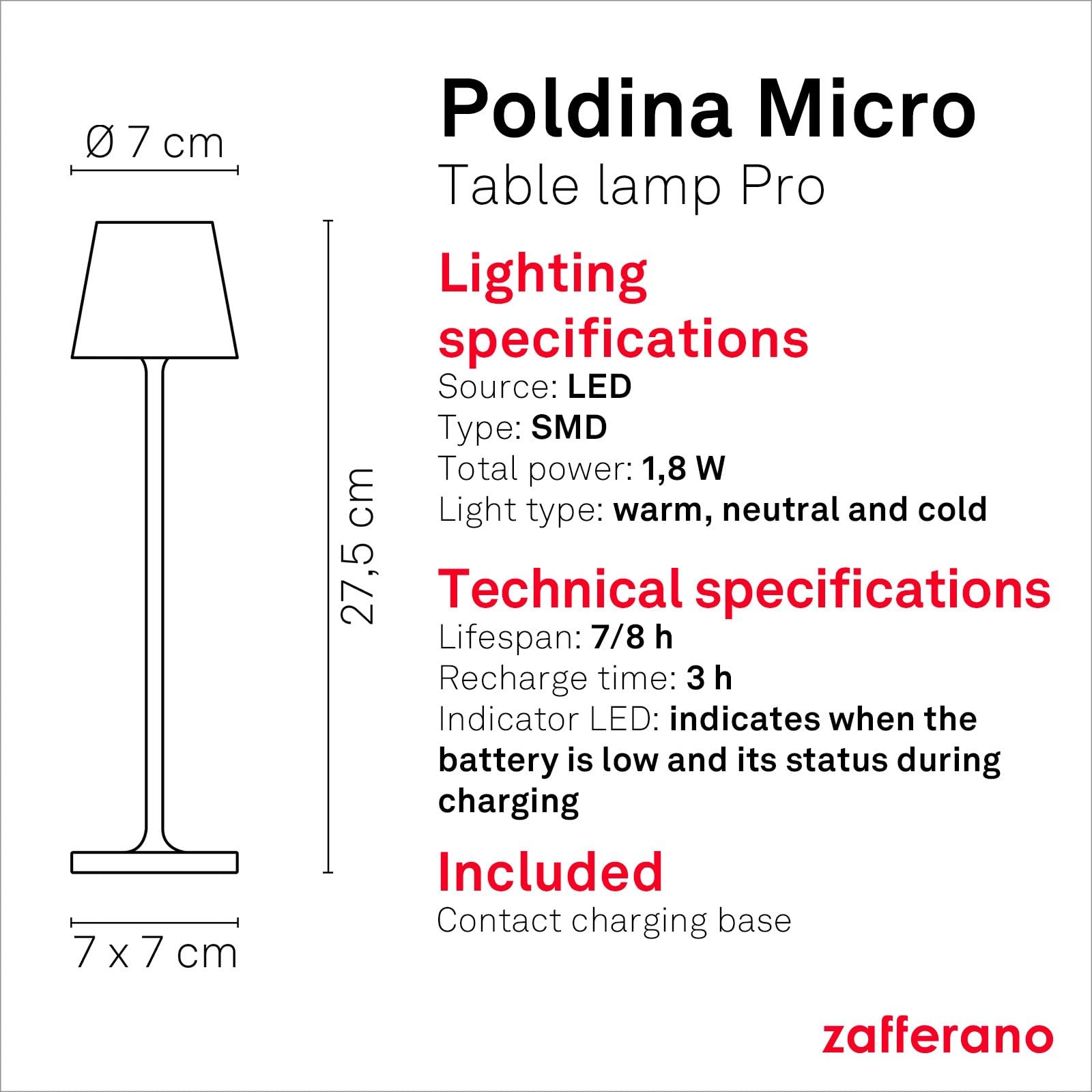 Zafferano, Poldina Micro Lamp, Rechargeable Cordless Table Lamp with Touch Controls, Suitable for Interior and Outdoor Dimmer - Image 4