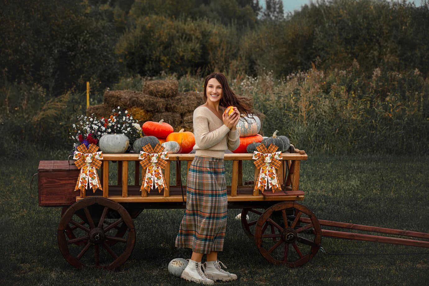 2PCS Fall Wreath Bows Thanksgiving Bows Pumpkin Stem Orange Buffalo Plaid Burlap Linen Bow for Wreath, Autumn Ribbon Bows for Thanksgiving Party Home Indoor Outdoor Decoration Wreath Ornament Supplies