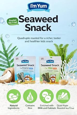 Premium Korean Seaweed Crisps for Kids Roasted 4 Times for Extra Crunch Made with 100% Korean Seaweed & Sesame Rice Malt Sweetened Healthy Snack Crispy Natural Kids Treat