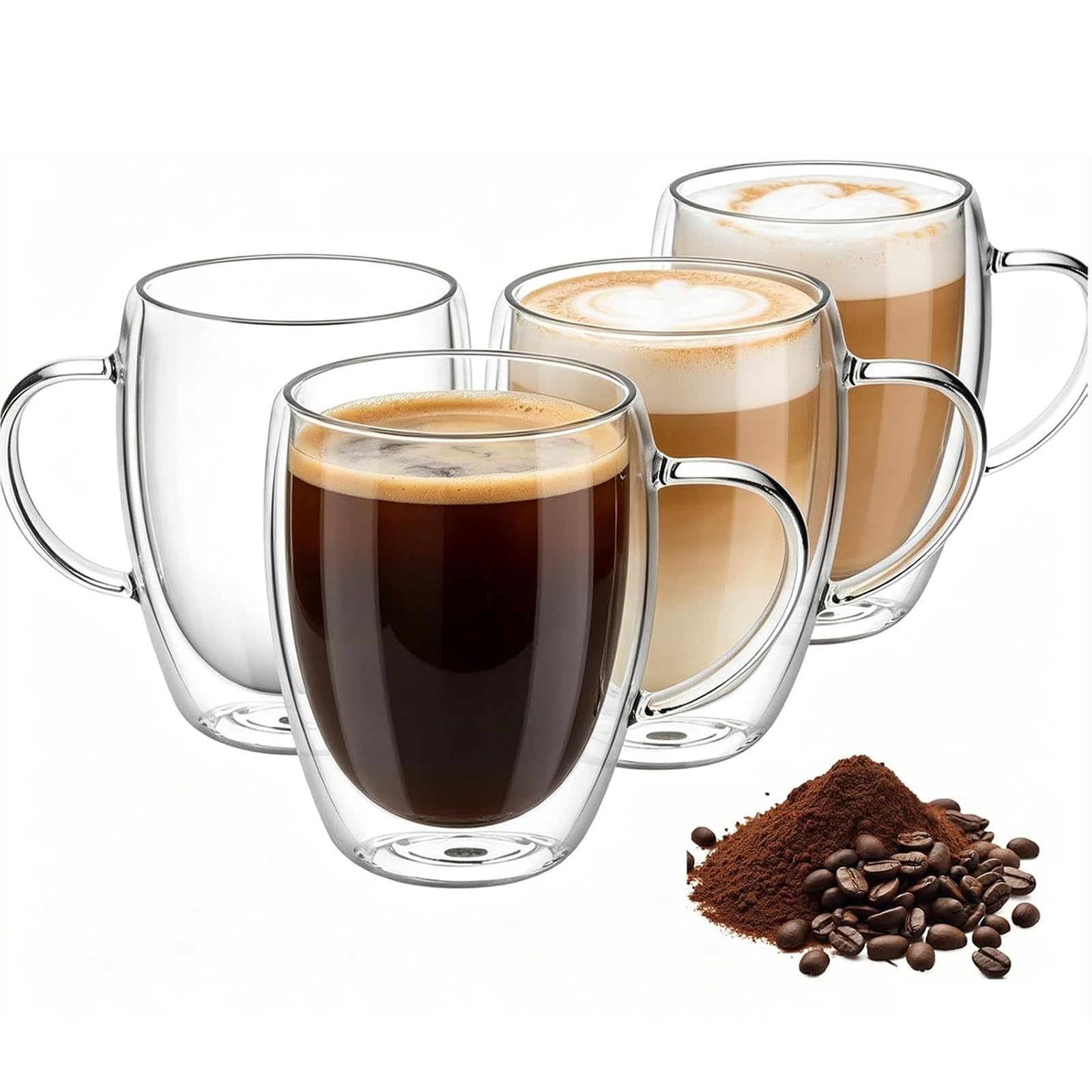 Doppelwandige Kaffeegläser, Set von 4 Cappuccino Latte Teetassen mit Griff, 350ml hitzebeständiger Thermobecher, für Heiße/Kalte Getränke, Spülmaschinenfest, Perfekt für Espresso