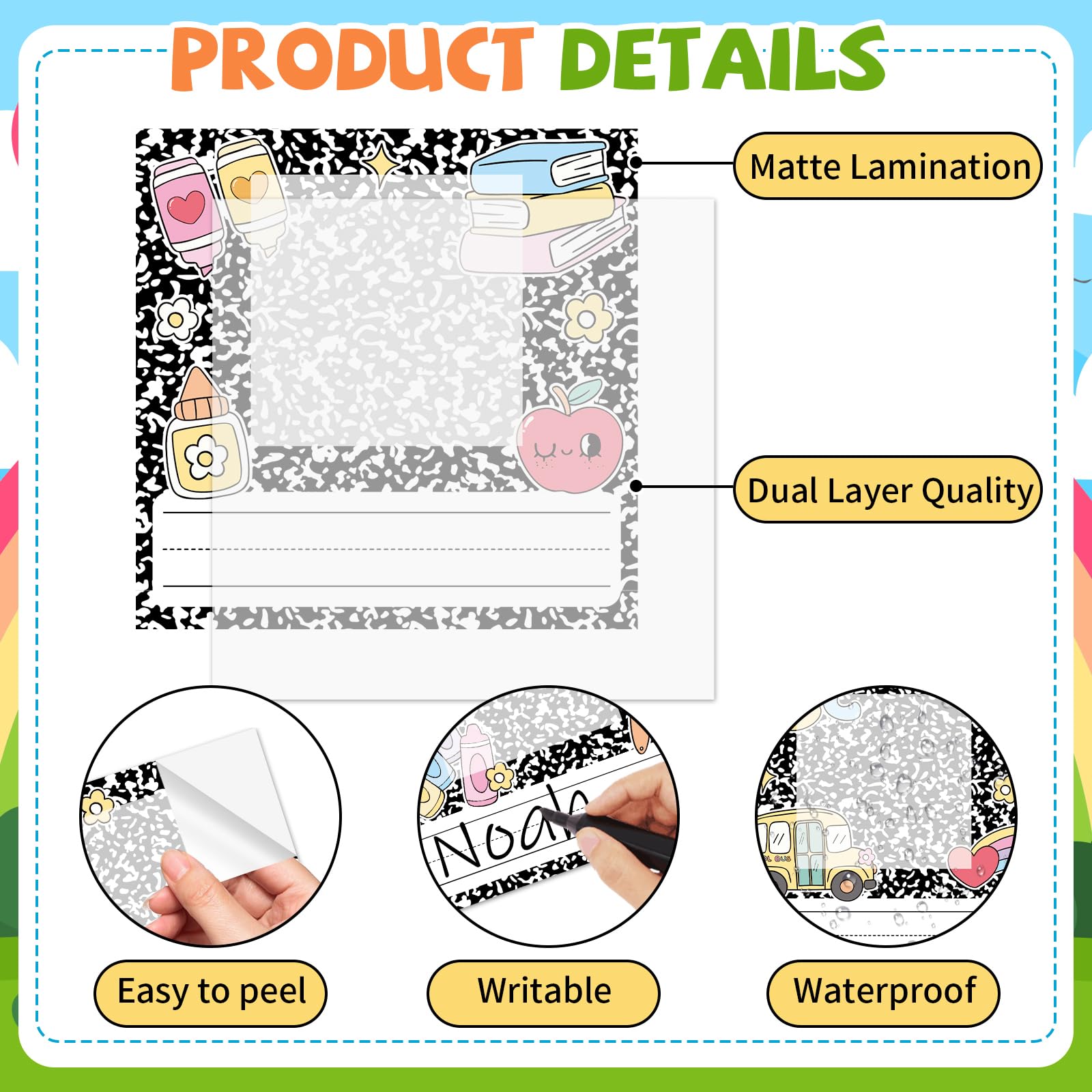 Lot de 54 étiquettes de nom autocollantes pour livre de composition, 12 x 11 cm, étiquettes autocollantes avec photo pour la rentrée scolaire, les bacs de bureau, les cubbies