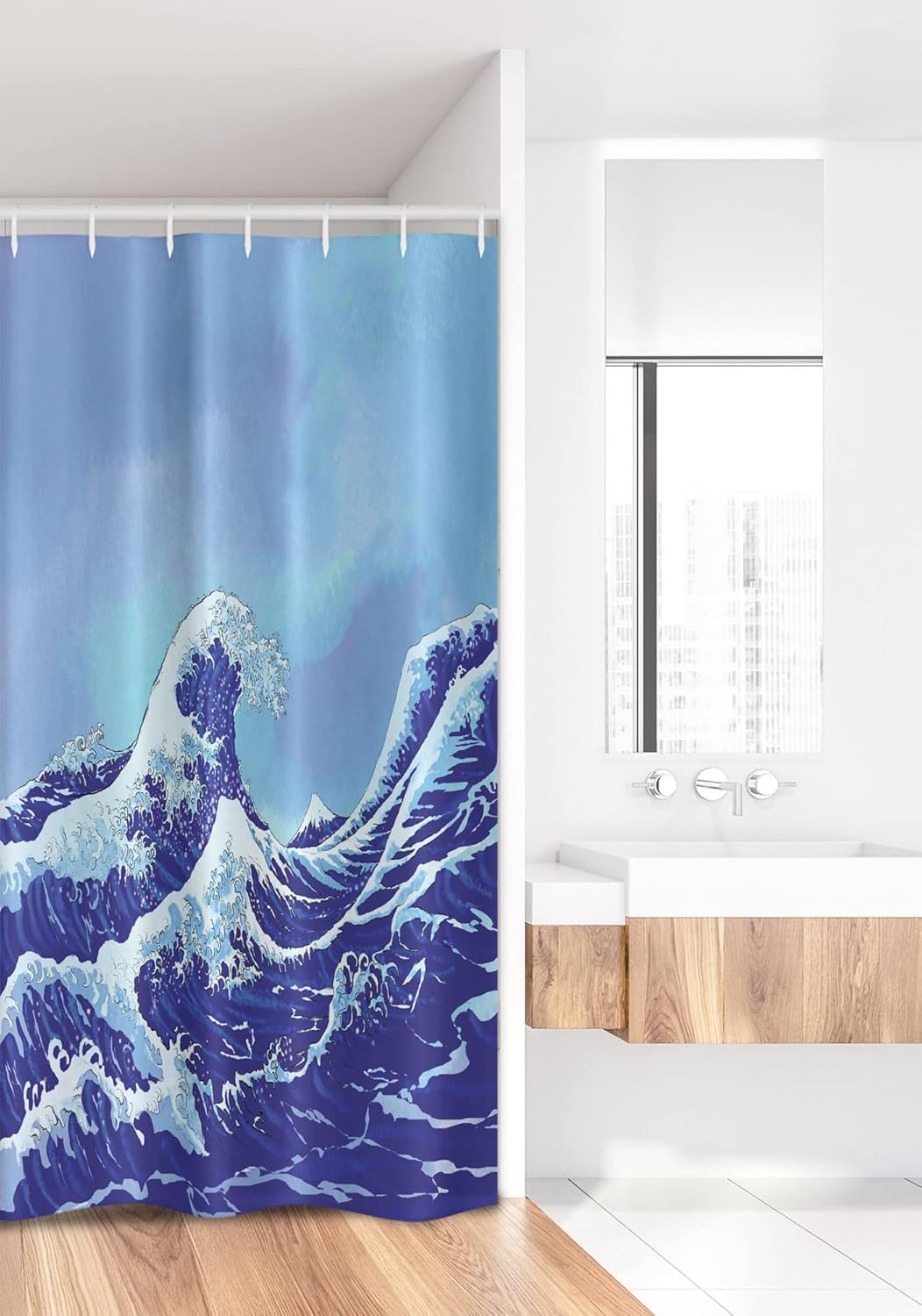 Ambesonne Kanagawa Stall Shower Curtain, Big Tsunami in The Ocean Blue Sky Japanese Nature Sea Waves Art, Fabric Bathroom Decor Set with Hooks, 36" W x 72" L, Blue Navy