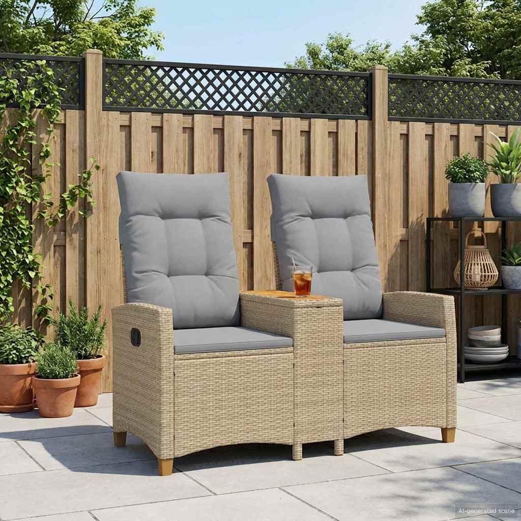 Liegebank mit Tisch Beige Hellgrau 126 x 65 x 112 cm Gartenbank Balkonbank Terrassenbank mit Verstellbarer Rückenlehne und integriertem Tisch für Entspannung im Outdoor-Bereich
