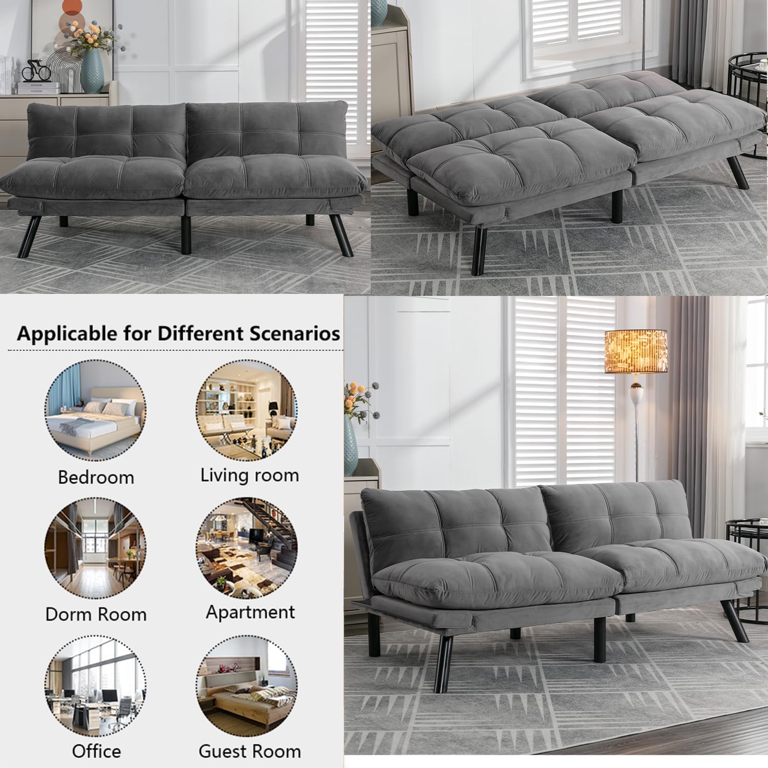 Modern Velvet Convertible Folding Futon Couch Sofa Bed Adjustable Pillow Top Arm Memory Foam Couch Double Loveseat Sofa for Compact Living Space,Dorm,Game Studio,Apartment,Bedroom (Light Grey)