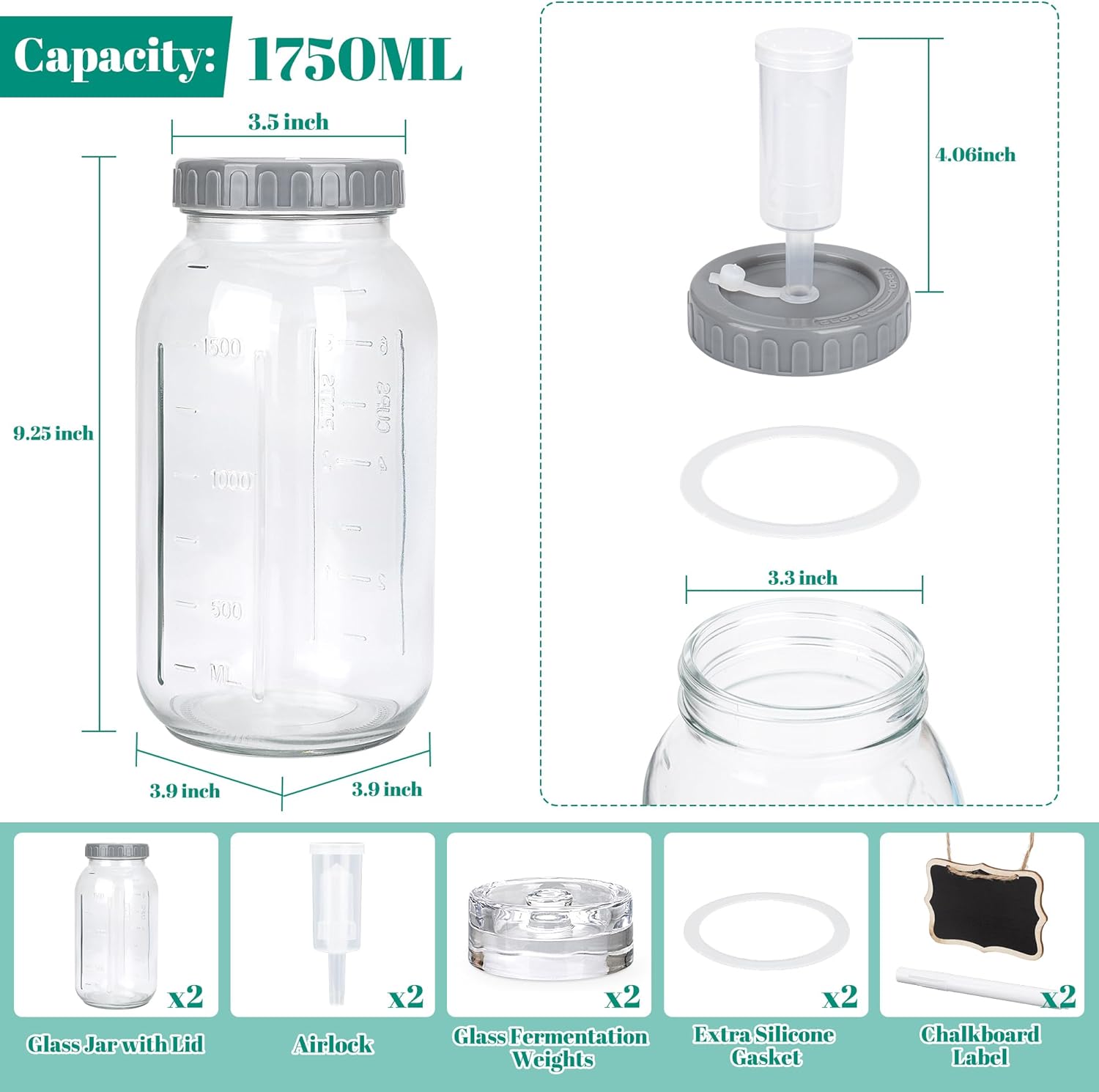 64oz Fermentation Jar Kit with Fermenting Weights and Airlock Lids, Wide Mouth Glass Jars with Scale Mark for Making and Storing Sauerkraut, Pickles (Pack of 2) - Image 2