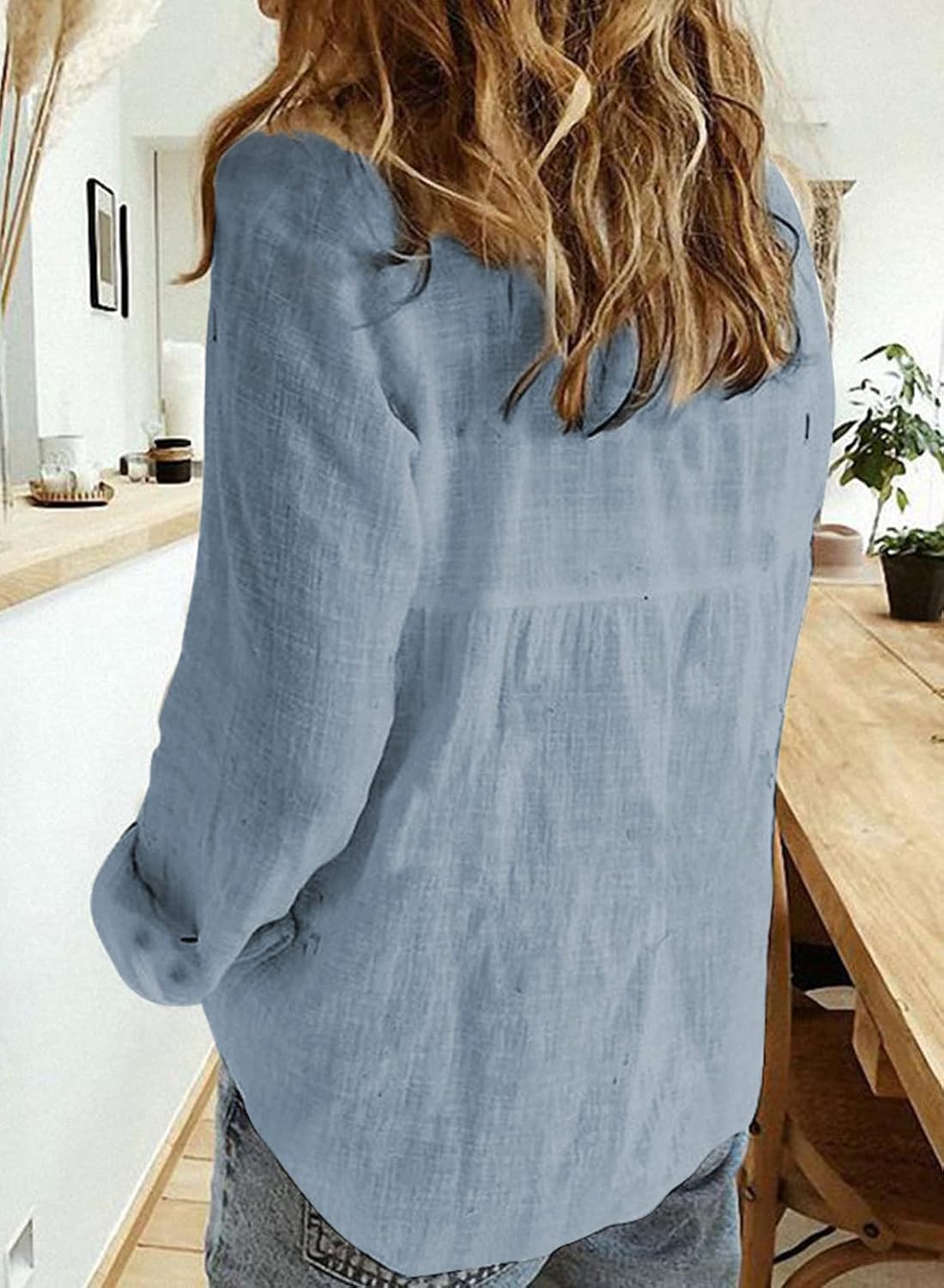 Astylish Womens V Neck Roll up Sleeve Button Down Blouses Tops - Image 2