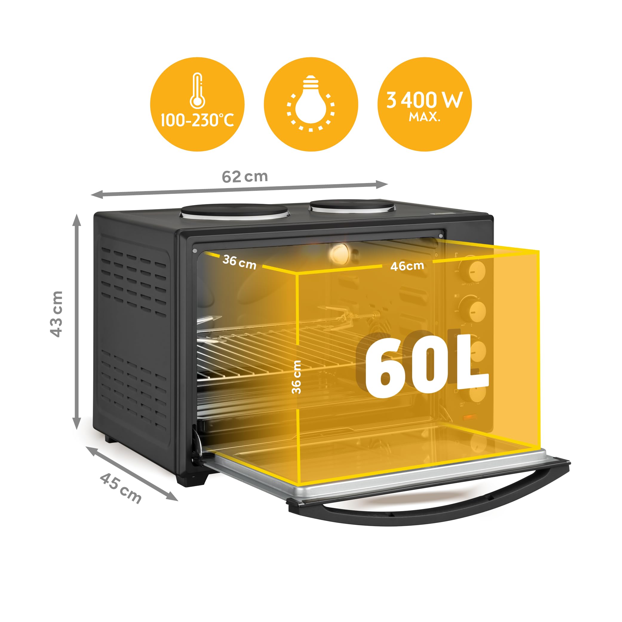 Forno con fornelli 60L 3200W - Fornetto pizza 230°C 6 modalità riscaldamento - Multiforno 4 altezze inserimento