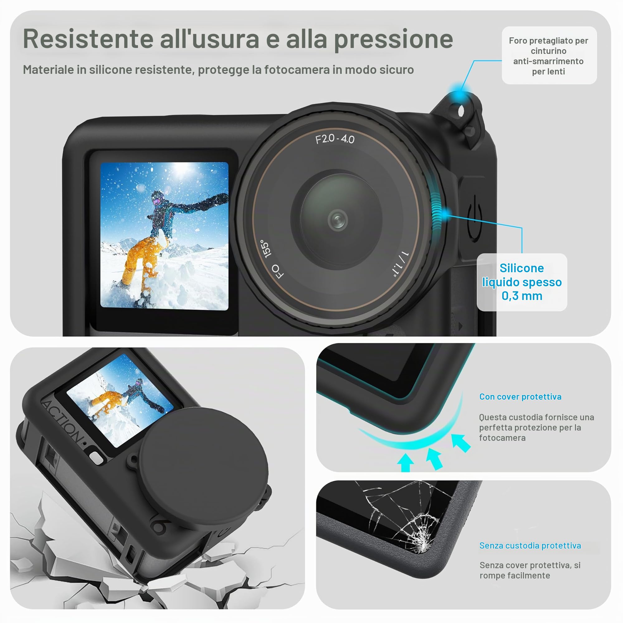 FiTSTILL Custodia in gomma siliconica+3 pellicole protettive in vetro temperato compatibili per DJI Osmo Action 6, custodia in gomma, copriobiettivi, pellicole protettive per schermo e cordino, per