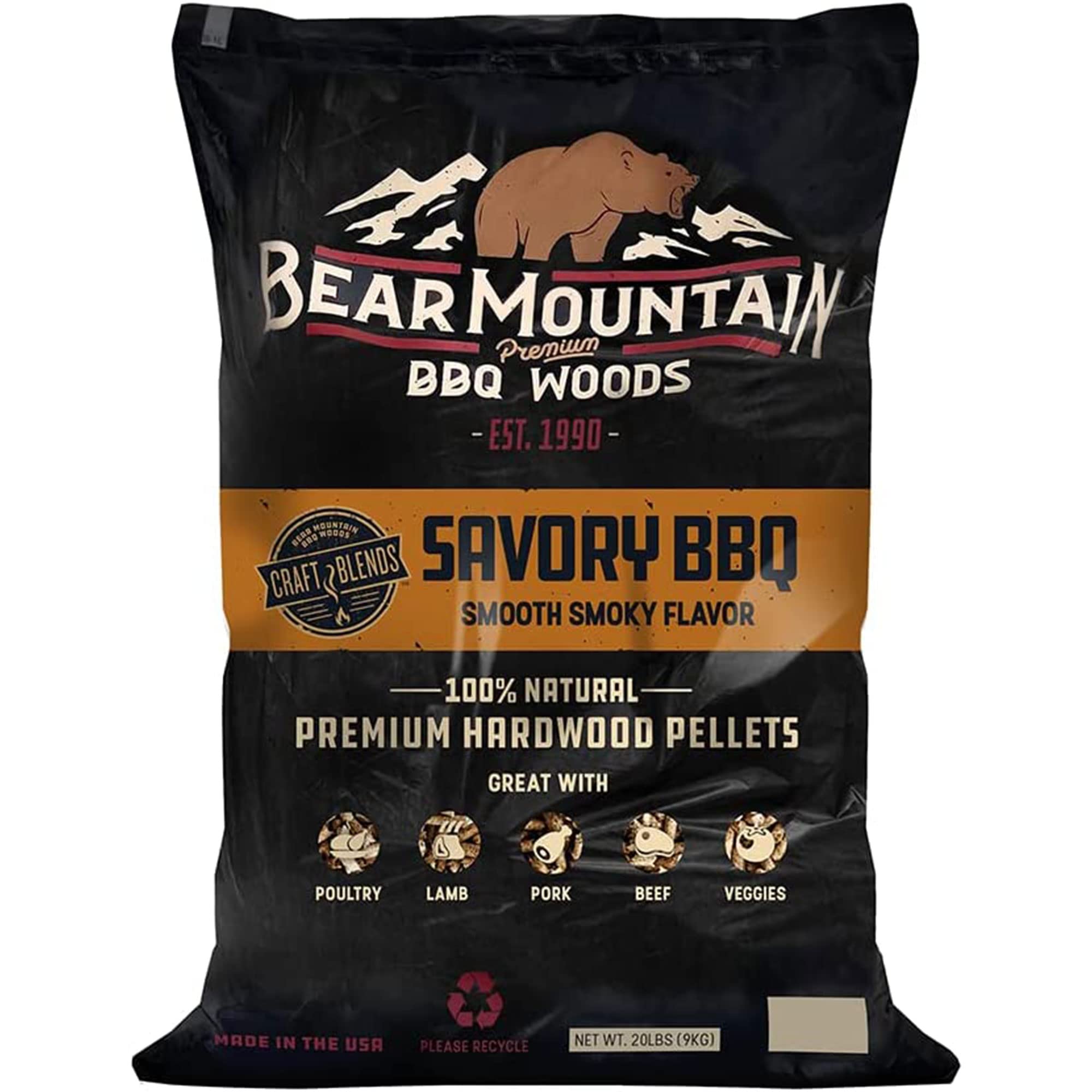 Bear Mountain BBQ FK93 Premium Craft Blends Natural Hardwood Smooth and Smoky Savory BBQ Smoker Pellets for Outdoor Grilling, 20 Pounds