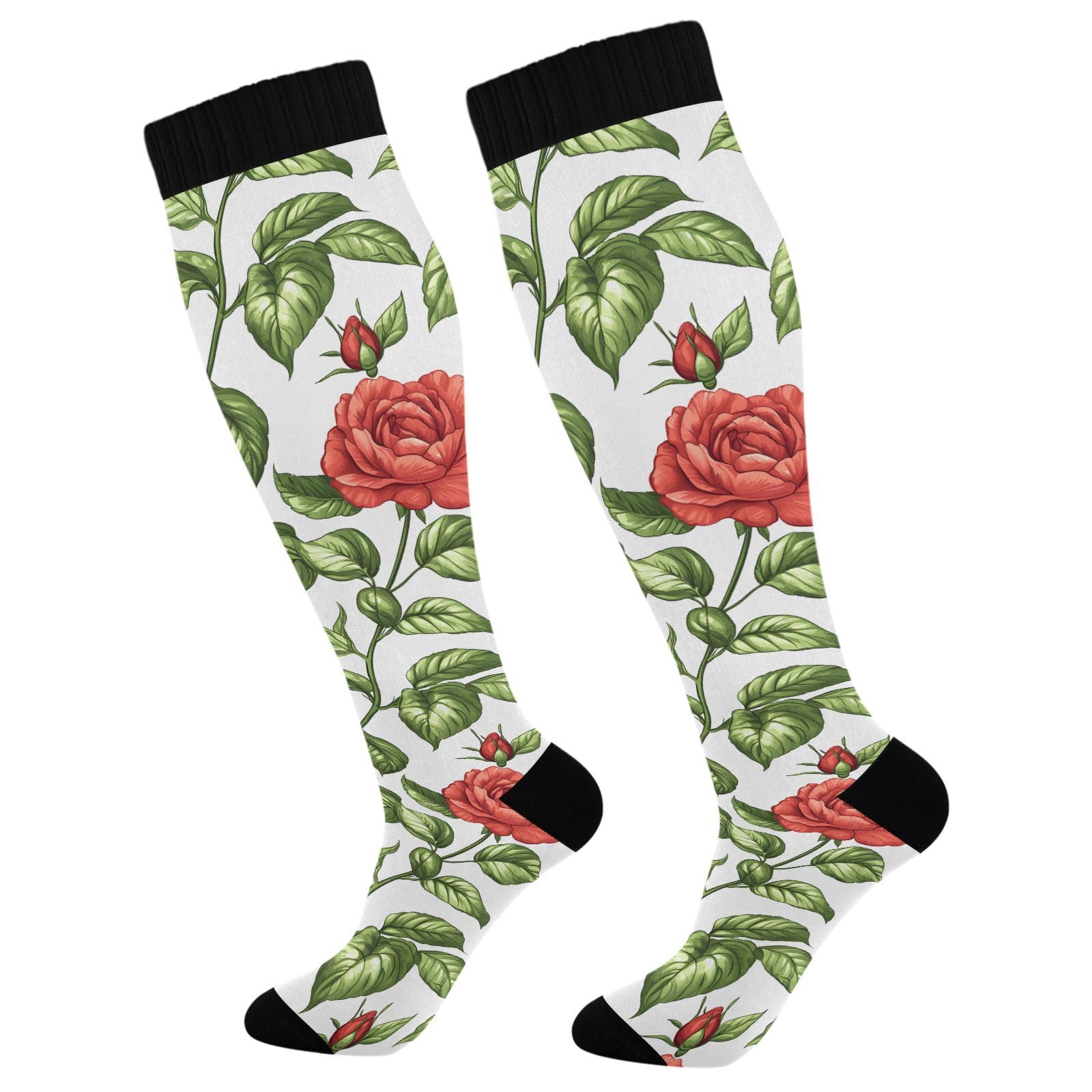MFTJYO Rose Flower Red Floral Green Leaf Compression Socks for Women Men Circulation Long Knee High Socks for Athletic Sports Running