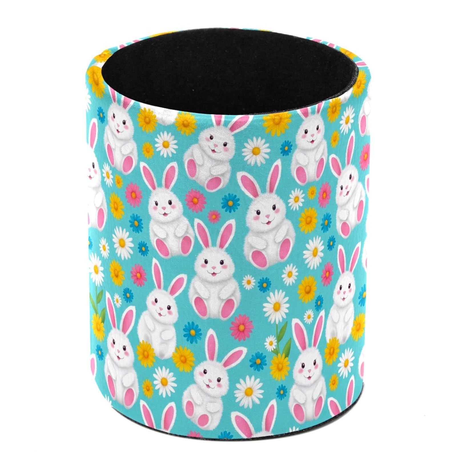 HEOEH Rabbits Daisies Pen Holder for Desk, PU Leather Pencil Holder Pen Cup Marker Holder Makeup Brush Holders, Desk Accessories & Workspace Organizers for Home, Office
