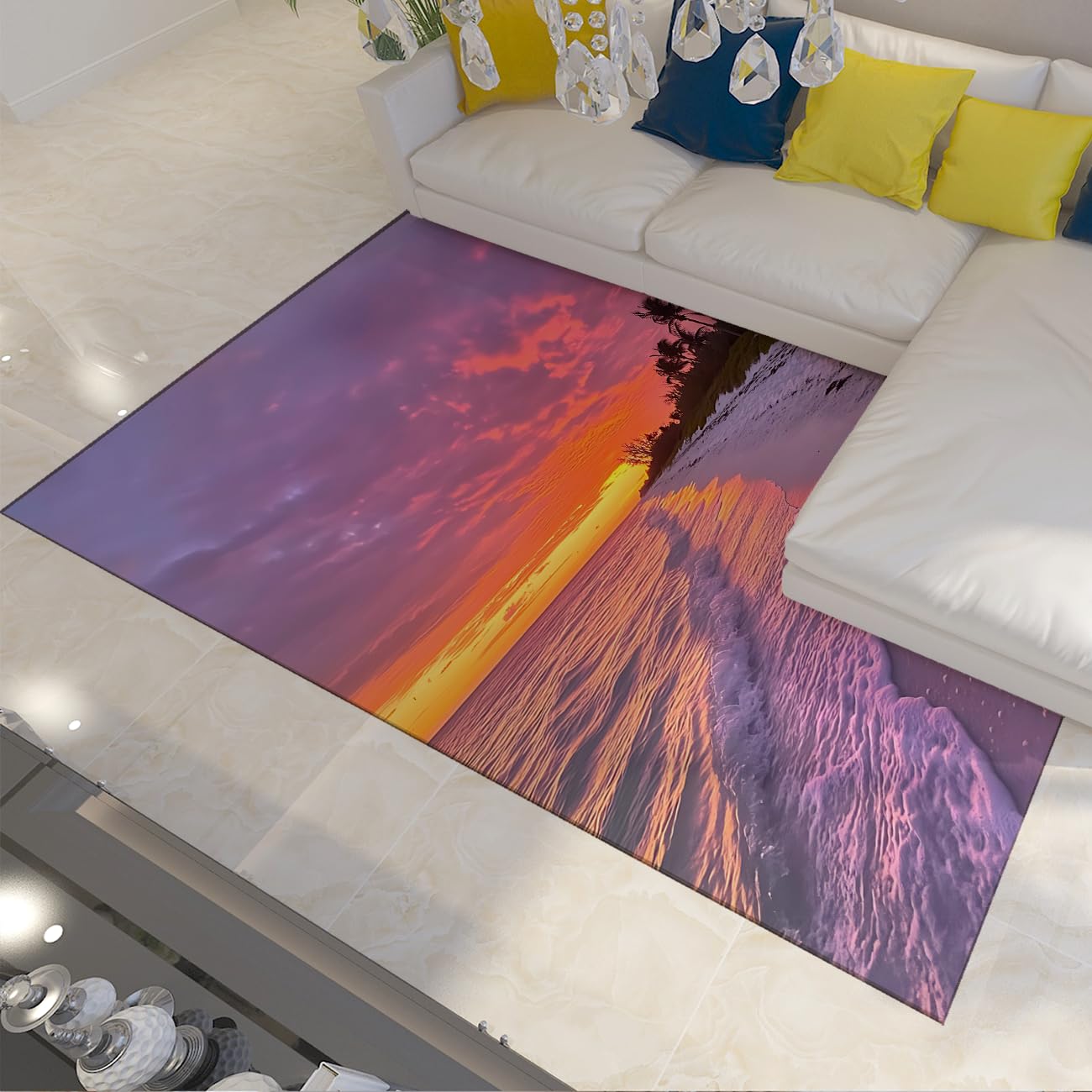Tapis de salon doux ambiance coucher de soleil pour une décoration tropicale