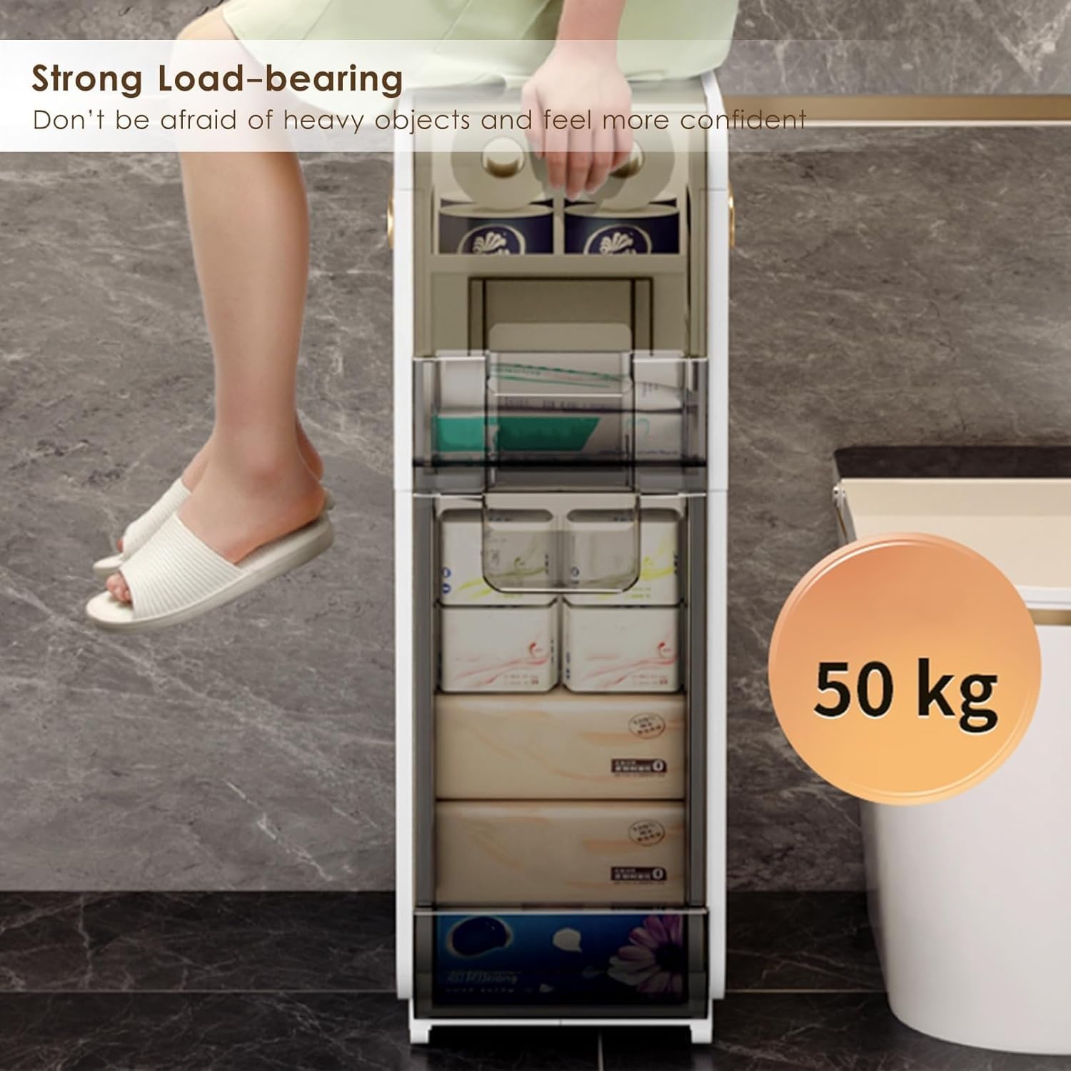 Armadietto portaoggetti stretto con cassetto multistrato e 4 ruote per una facile mobilità, 18 cm per WC e lavanderia (2 ripiani)